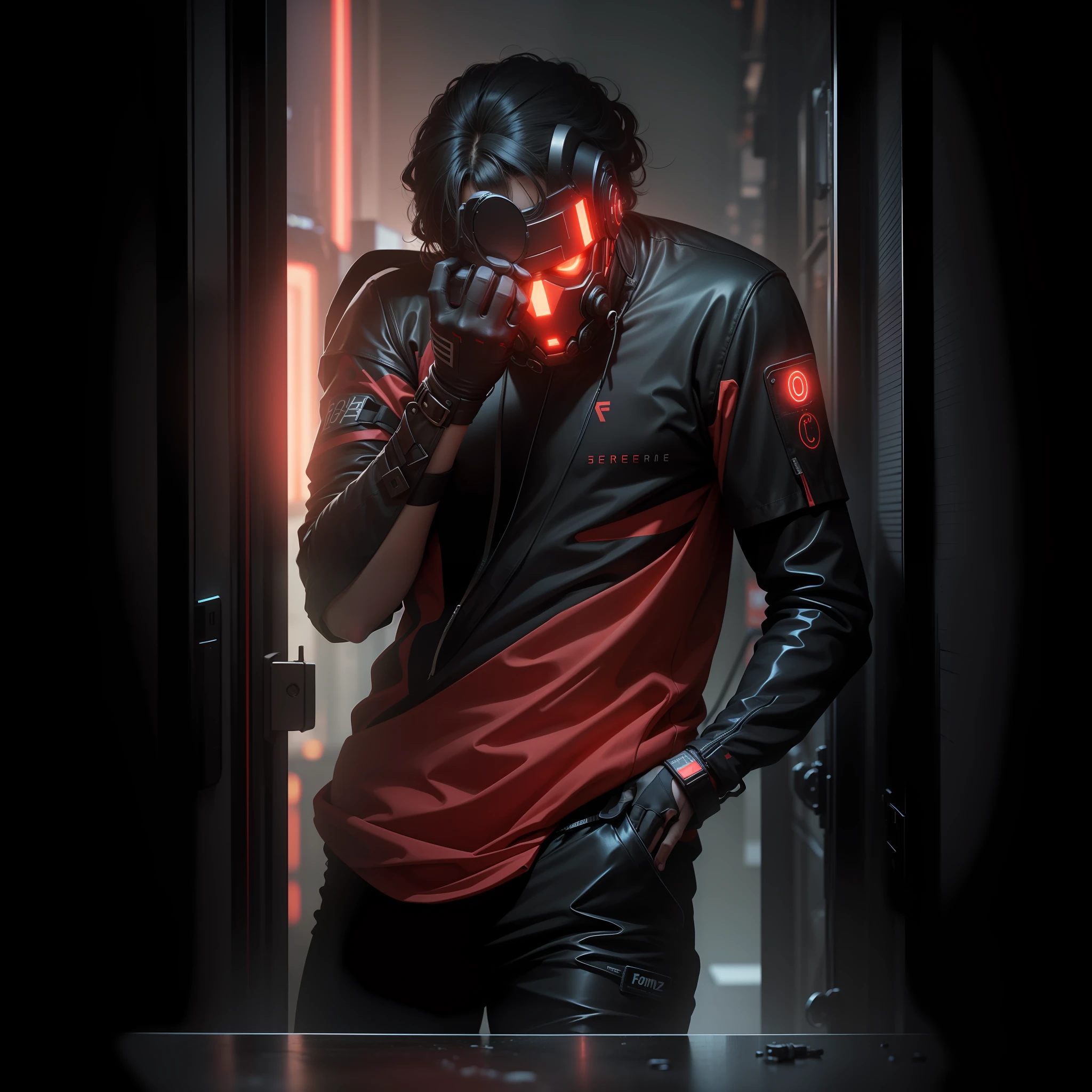 Add brand name as forz on the shirt, theme neone red, 8k resolution, face covered with black fask which has a neone red line border type, cyberpunk + neone red theme