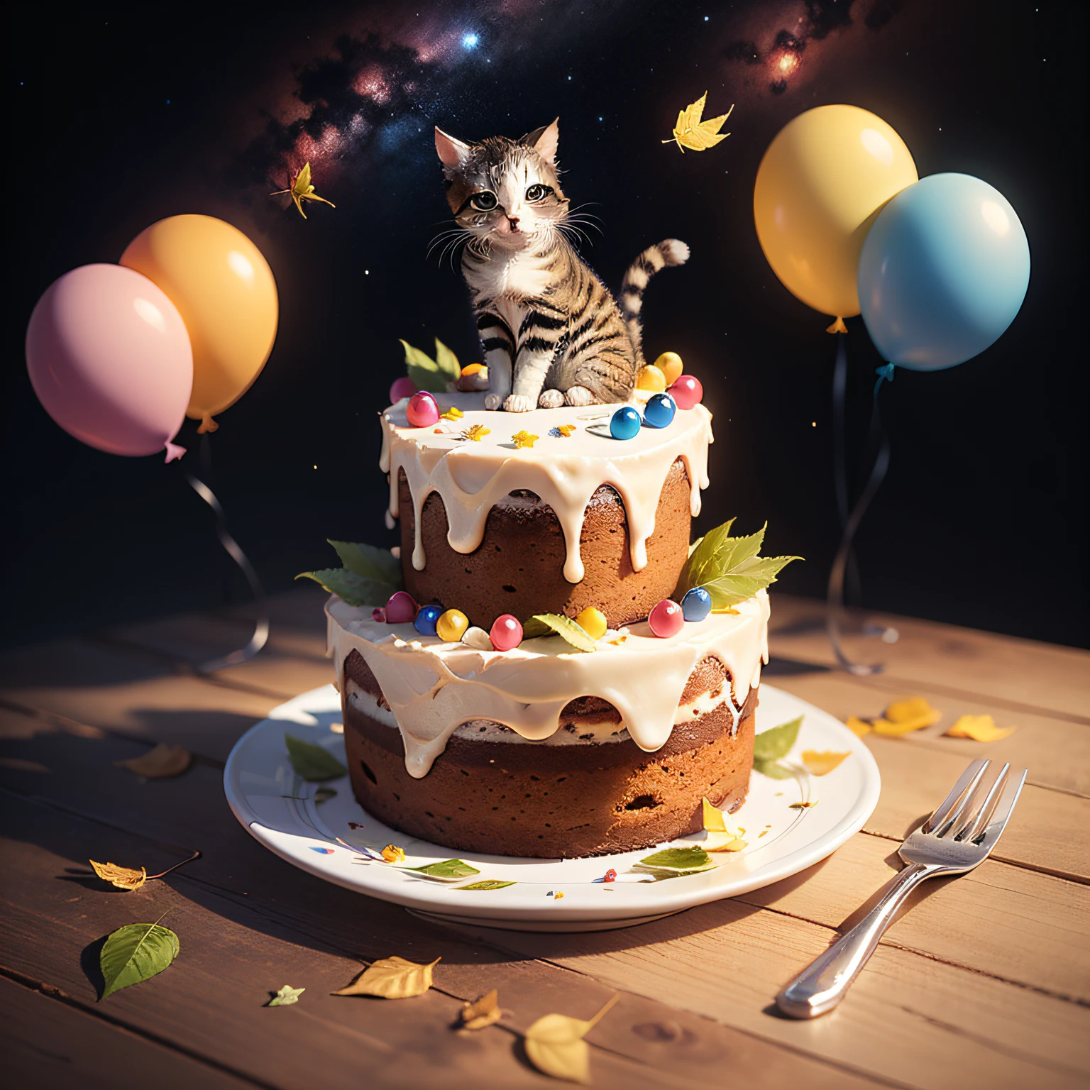 cake with a cute kitten tops, space background, leaf in the corners. Balloons --auto