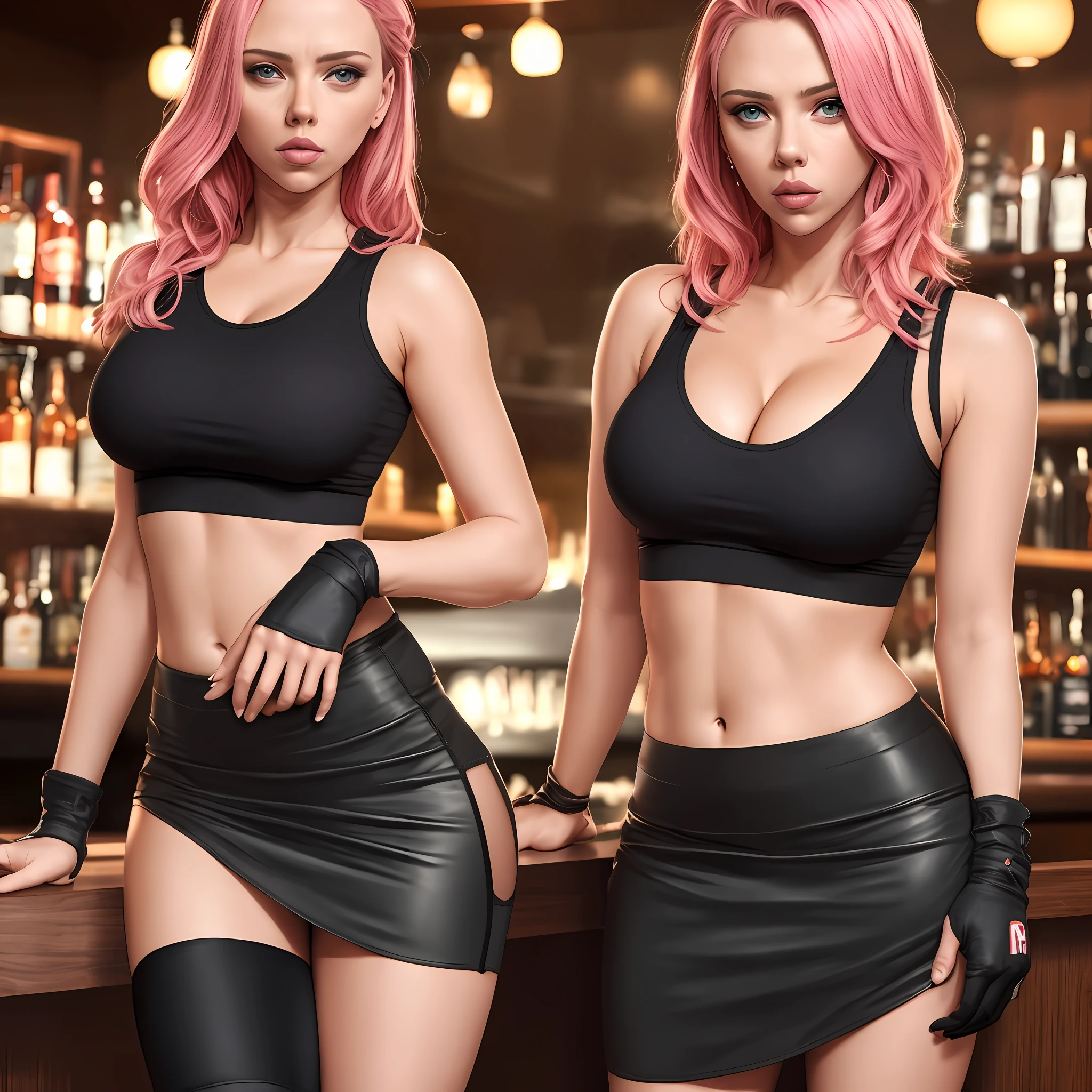 Scarlett johansson, single elbow, ankle boots, blonde hair, black skirt, black thighs, pink boots, elbow gloves, elbows, fingerless gloves, tense shirt, sports bra, (suspended black skirt), thighs, white tank top, top body is hyper-realistic and hyper largest_breasts!! with the type of boobs_melons, pink hair, full body, big chest, no bra and no panties, look at the viewer, posing standing at the bar, sensual mouth, makeup, bokeh, best quality, masterpiece, highres, UHD, 1080P --auto