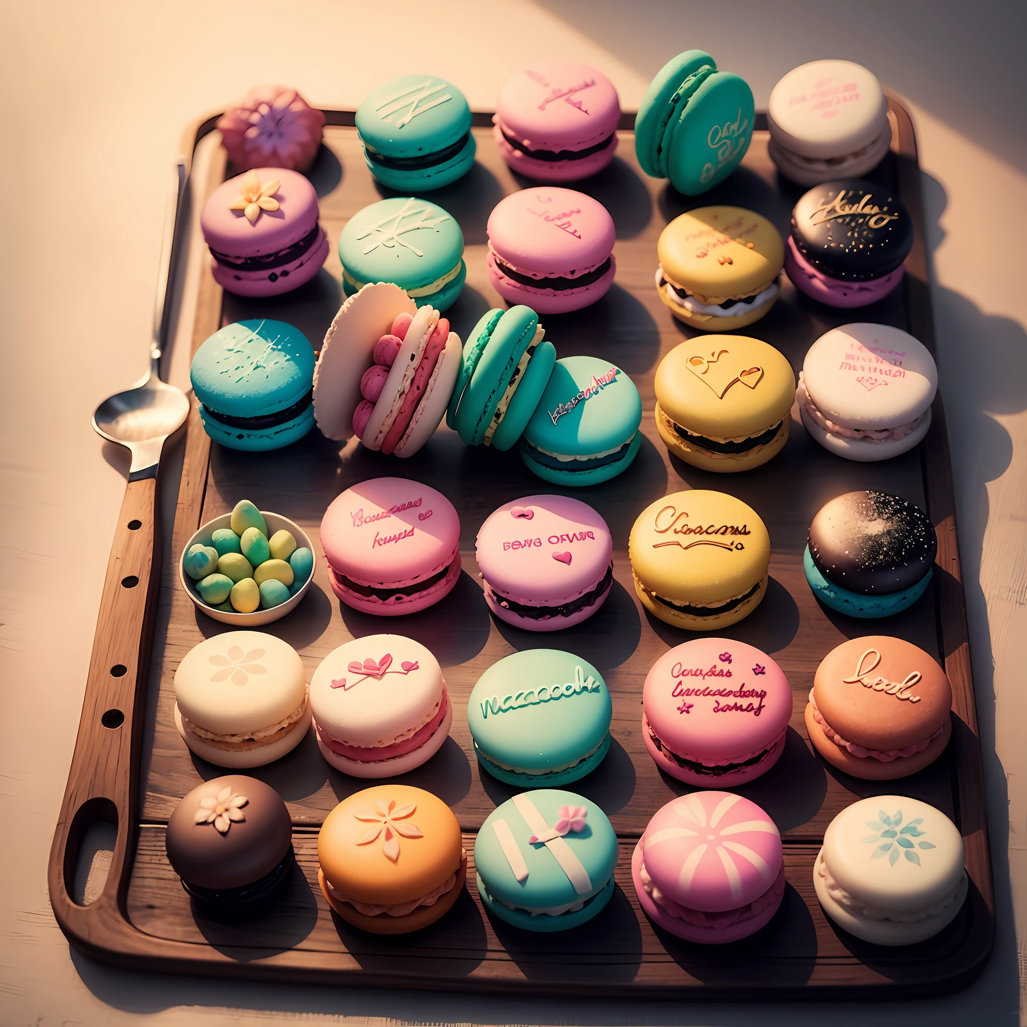 Create a professional model of macarons, displaying a variety of colors and textures, with high visual quality. Make sure the design represents the delight and sophistication of these French sweets, while also being appealing and appetizing to users. 
In the image, highlight a selection of macarons arranged in an organized and elegant way. Use vibrant colors and pastels to create contrast and draw attention, such as shades of pink, blue, green, yellow, and purple. 
Ensure that each macaron is represented in minute detail, showing off its perfect cone and soft filling. Add glow and reflection effects to give a feeling of freshness and quality. 
Create a neutral, clean background to further highlight the beauty of macarons, such as a white or pastel background. Make sure the lighting is adequate by highlighting the colors and details of the candies. 
Add elegant design elements, such as ribbon ties, flowers, or kitchen utensils, to convey the idea of a sophisticated, handcrafted experience in creating the macarons. 
Also include relevant information, such as the name of the flavors of the macarons and the identification of the brand or confectionery responsible for the production. Make sure that all information is readable and in harmony with the design. 
The end result should be a professional and irresistible image of macarons, which awakens the desire in the viewers and conveys the quality and variety of these traditional French sweets. --auto