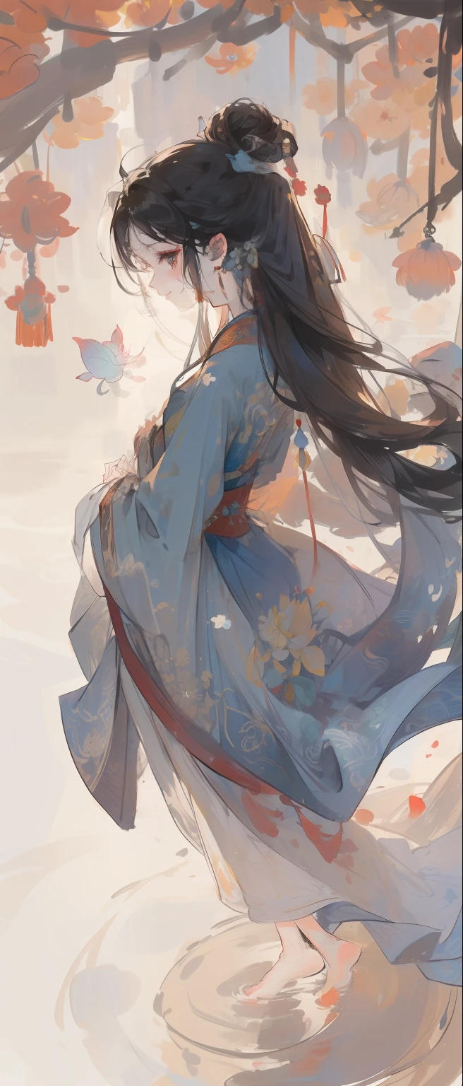 ((4k,masterpiece,best quality)), shuimobysim, traditional chinese ink painting, lotus, hanfu, maxiskit, dress conservatively 1girl, solo, long blue hair, smile, standing, feet in the water, barefoot,