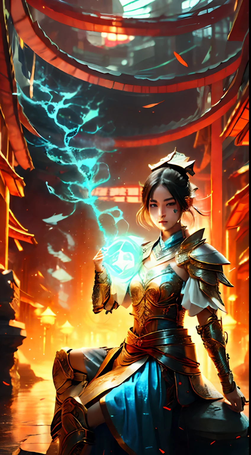 8k, complex, elegant, highly detailed, majestic, digital photography, denim lens, surrealist painting, broken glass, beating magic, winding lightning magic, (masterpiece, side light, fine beautiful eyes: 1.2), HDR, Void 5 energy lightning storm, (Chinese girl, black eyes: 1.5), pale skin, glowing skin, ( Sitting on a stone: 1.5), delicate face, black hair, wearing palatial blue armor, bare shoulders, navel, short skirt, fine blue armor, raining, beautiful, looking at the audience, facing the camera, masterpiece, upper body,