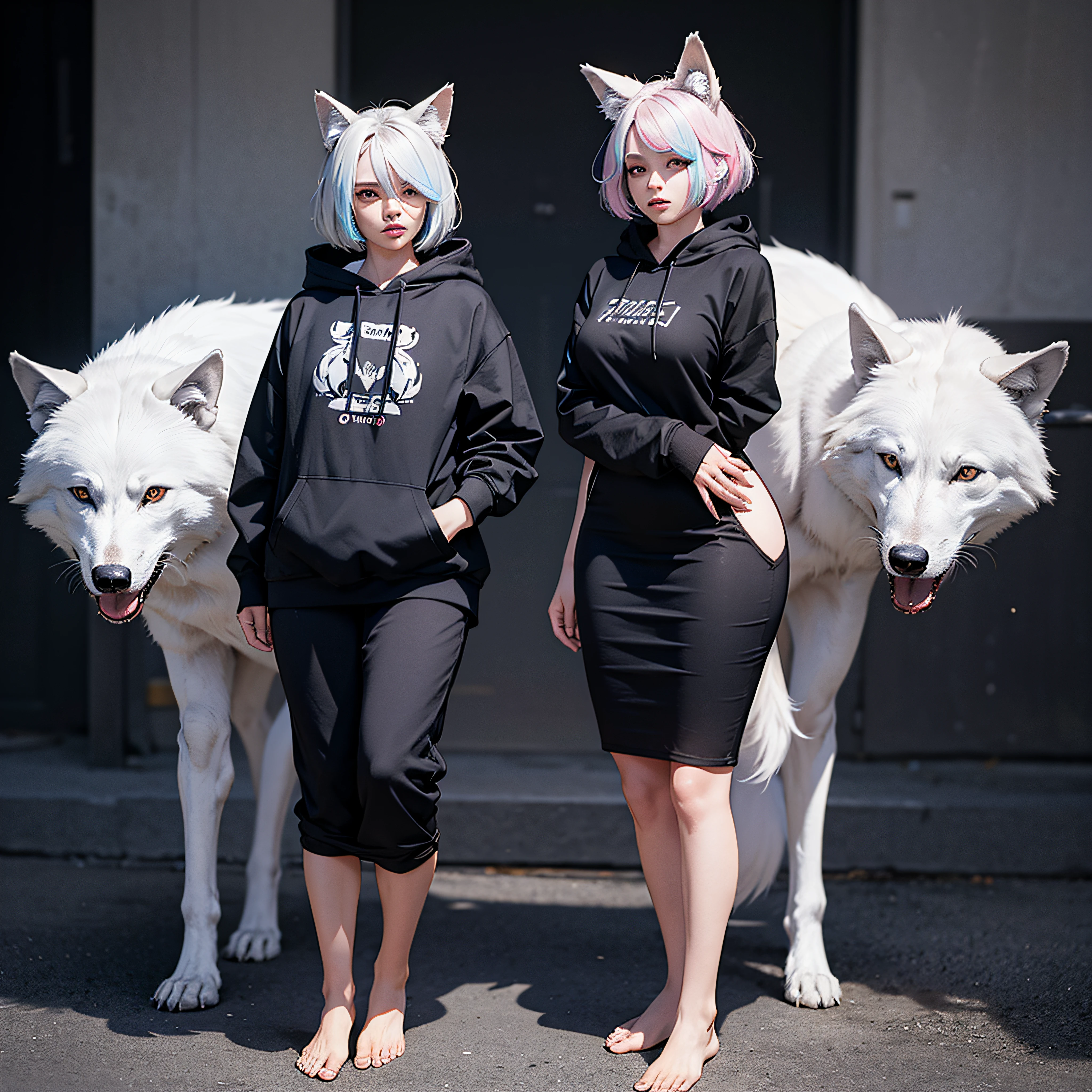 1Woman of Short Stunture, Short Hair With Colored Tips, Big Eyes, Expressionless Look, Wolf Ears, Big Black Sweatshirt, Tight, Hooded, Hand Covering, Showing Full Body Curves Silhouette, Gray Skin, Standing Body Pose, Barefoot, High Quality, Bottom Vision, 8k --auto