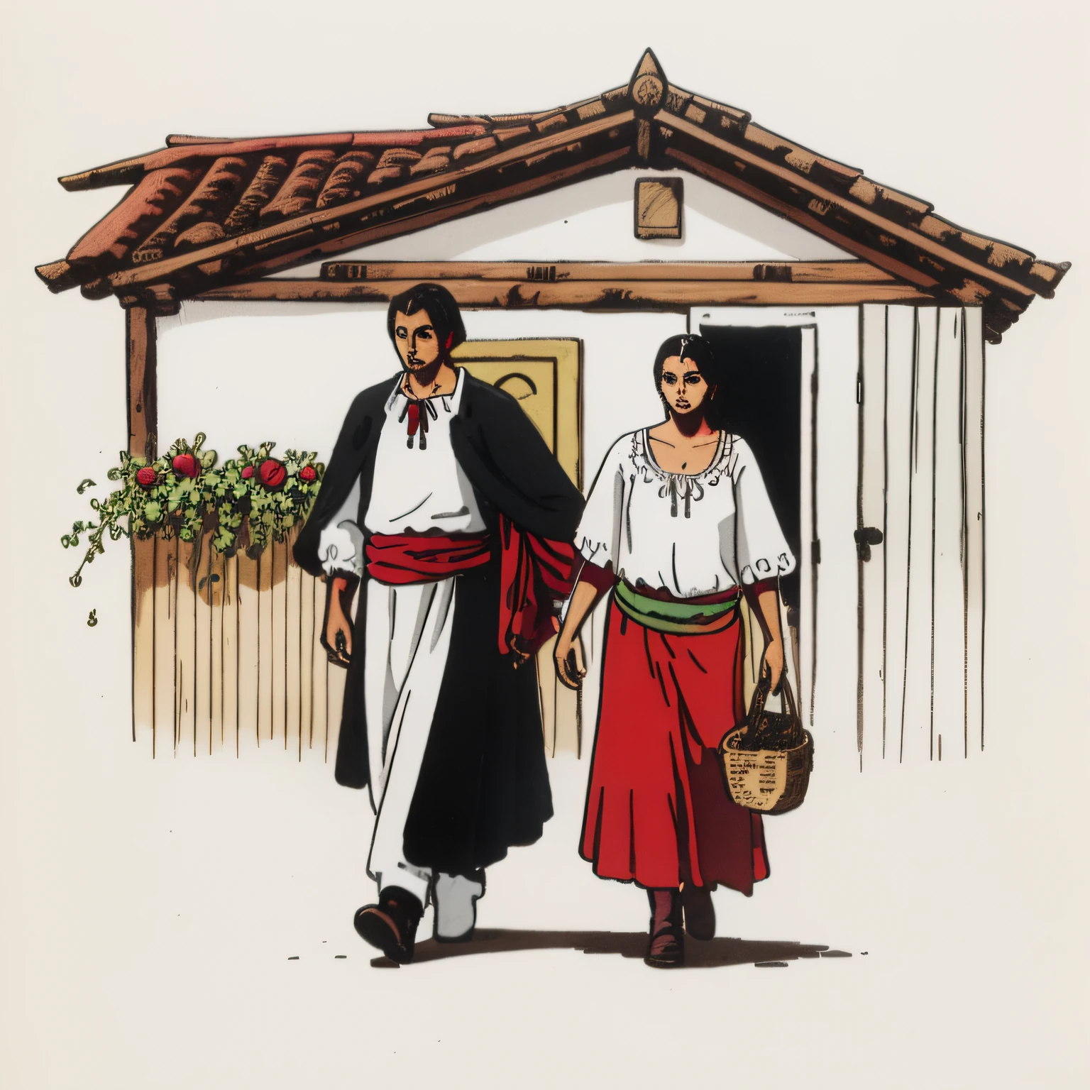 Dona Maria and Seu José leaving a simple house, image with white background.