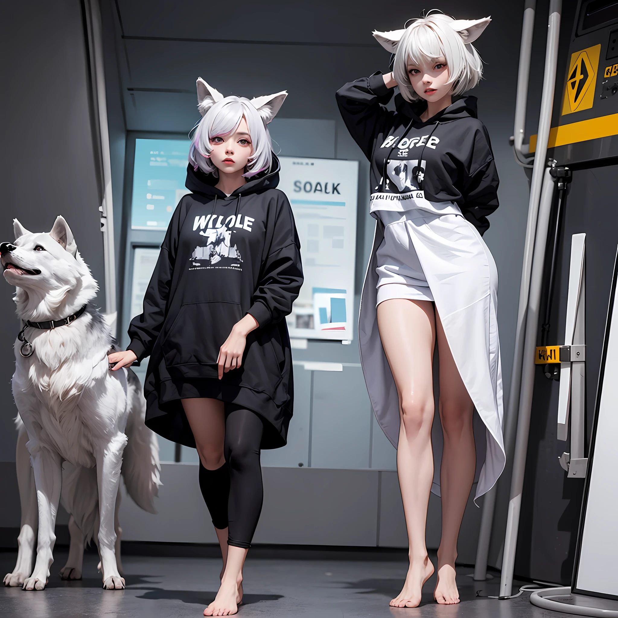 1Woman of Short Stunture, Short Hair With Colored Tips, Big Eyes, Expressionless Look, Wolf Ears, Big Black Sweatshirt, Tight, Hooded, Hand Covering, Showing Full Body Curves Silhouette, Gray Skin, Standing Body Pose, Barefoot, High Quality, Bottom Vision, 8k --auto