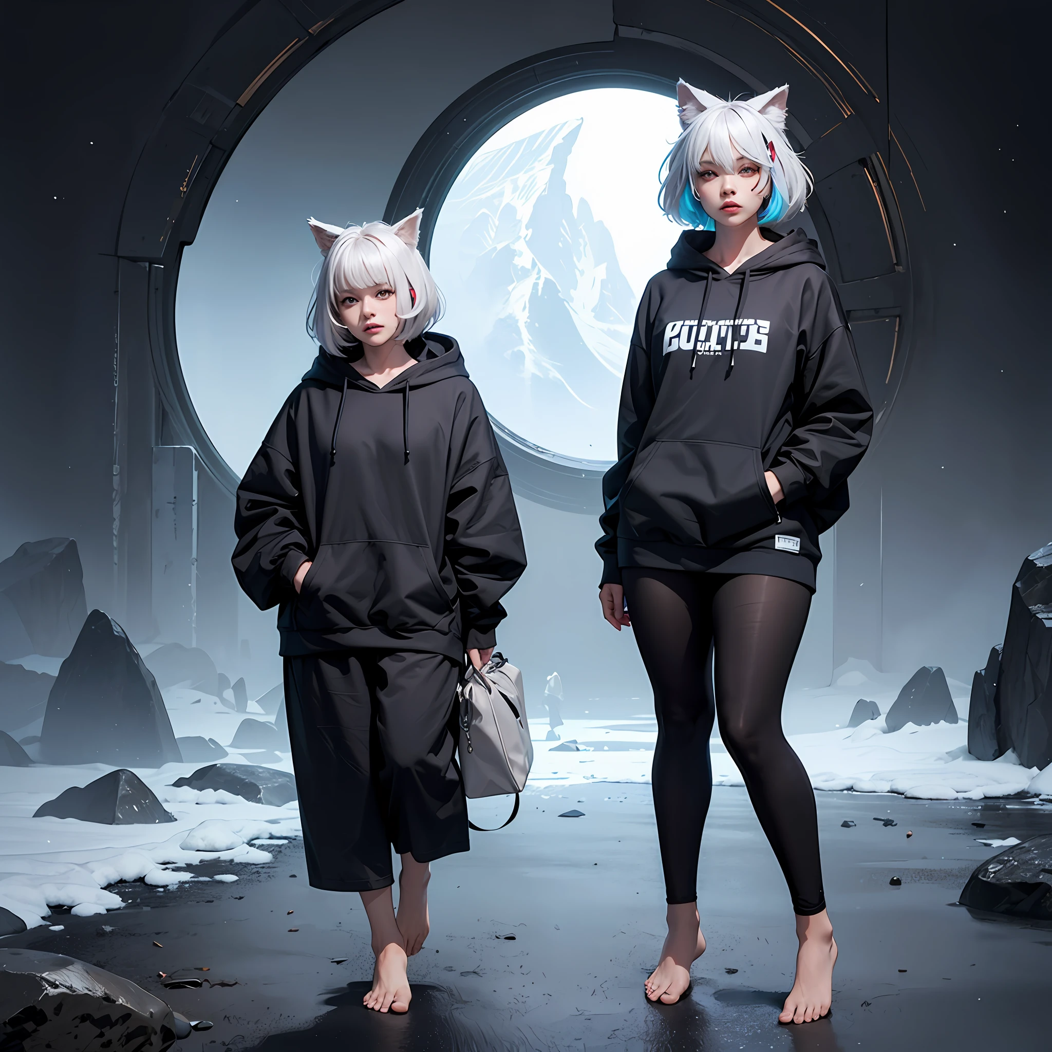 1Woman of Short Stunture, Short Hair With Colored Tips, Big Eyes, Expressionless Look, Wolf Ears, Big Black Sweatshirt, Tight, Hooded, Hand Covering, Showing Full Body Curves Silhouette, Gray Skin, Standing Body Pose, Barefoot, High Quality, Bottom Vision, 8k --auto