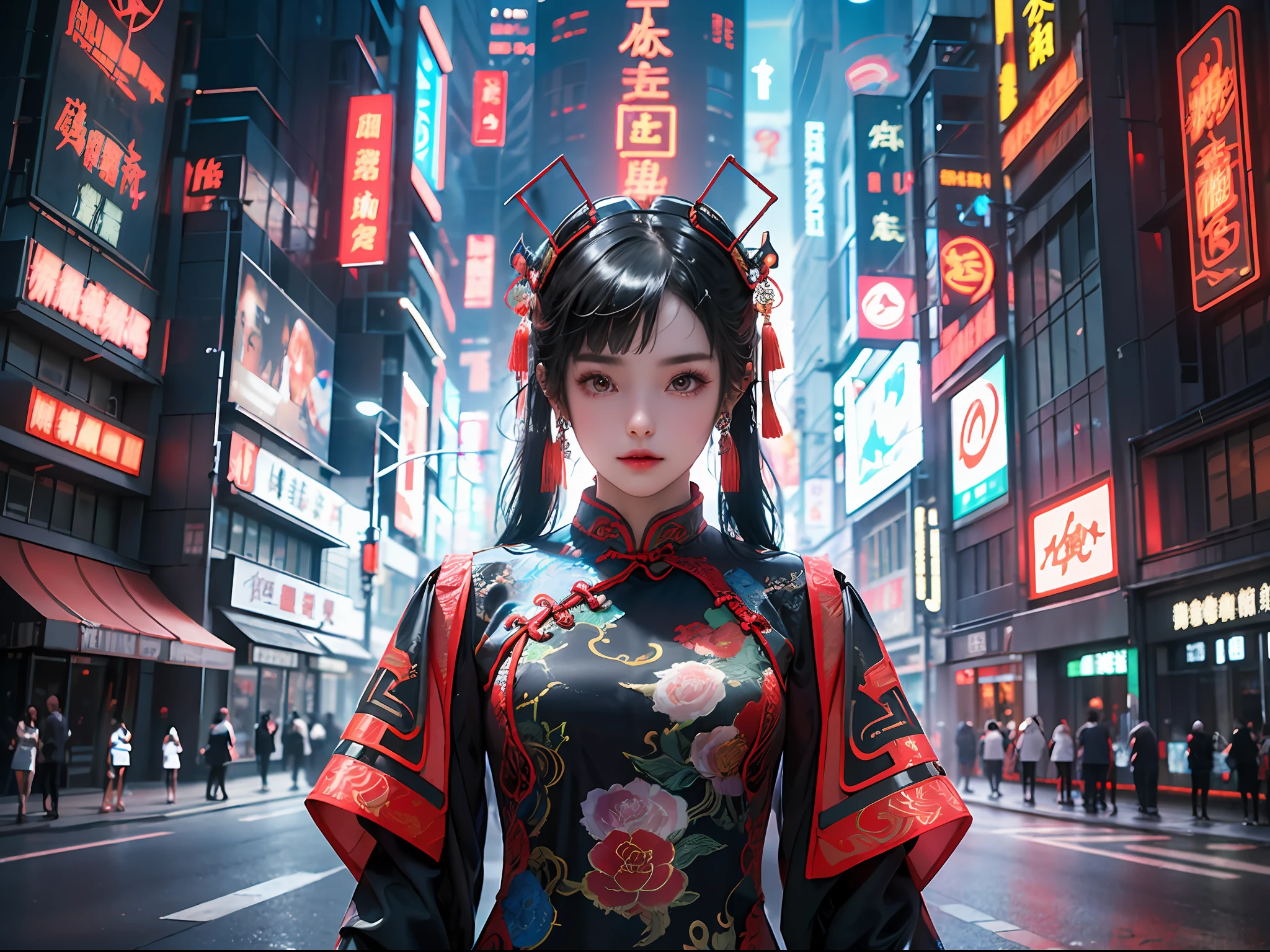 ((Masterpiece), (Best Quality), 8K, High Detail, Ultra Detail), (Graduation Season, Youth Vitality, Graduates, A Group of Boys and Girls, Cyberhanf Cheongsam Chinese_Clothes, Step into the Future World, Cyberpunk, Smart Age), Neon Flashing Cityscape, Hologram Display, Advanced Technology