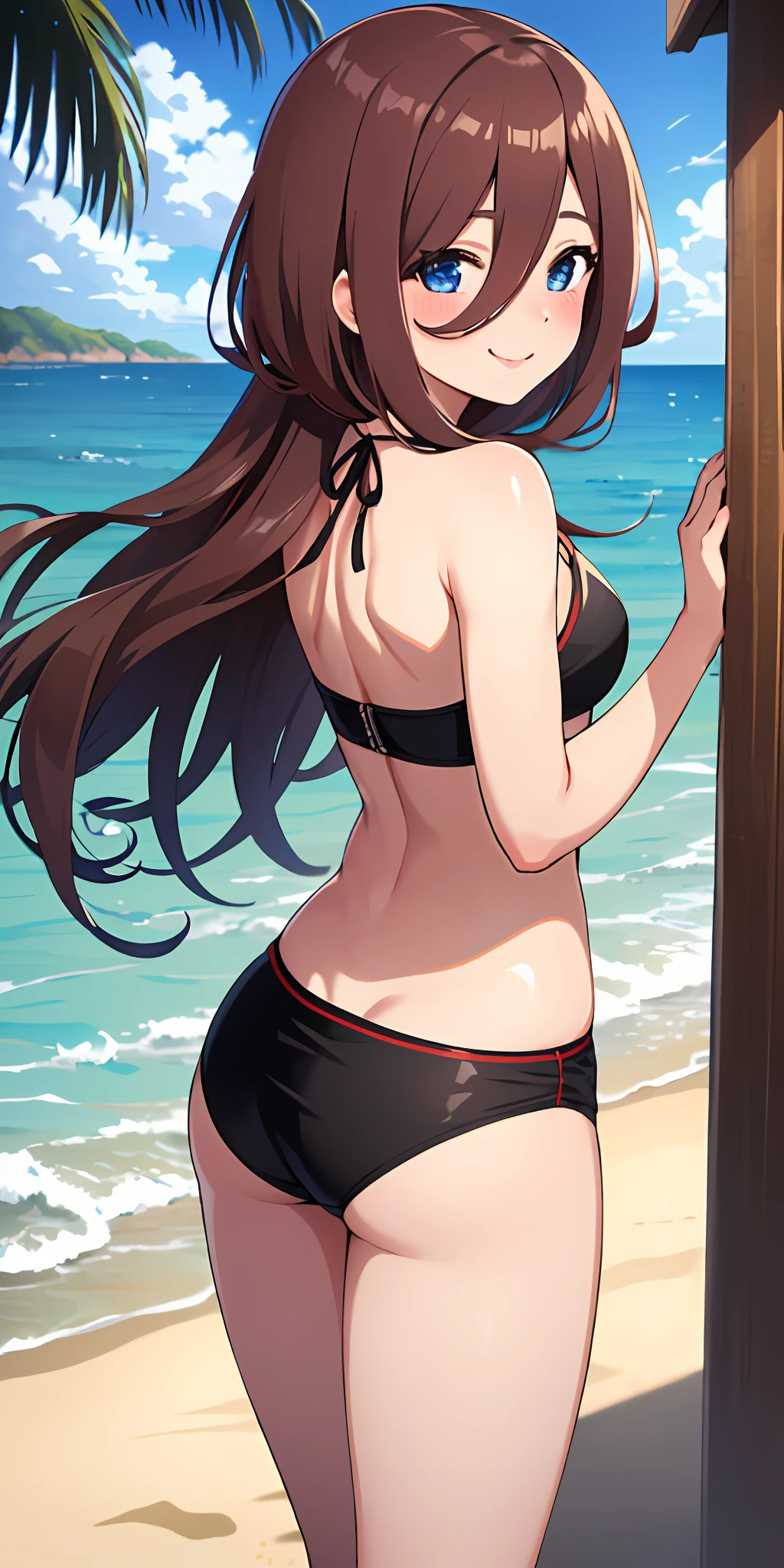(Best quality:1.3), nakano miku, brown long hair, hair between eyes, thick butt, bikini, standing, beach, (from rear view), blushing:1.3, smiling