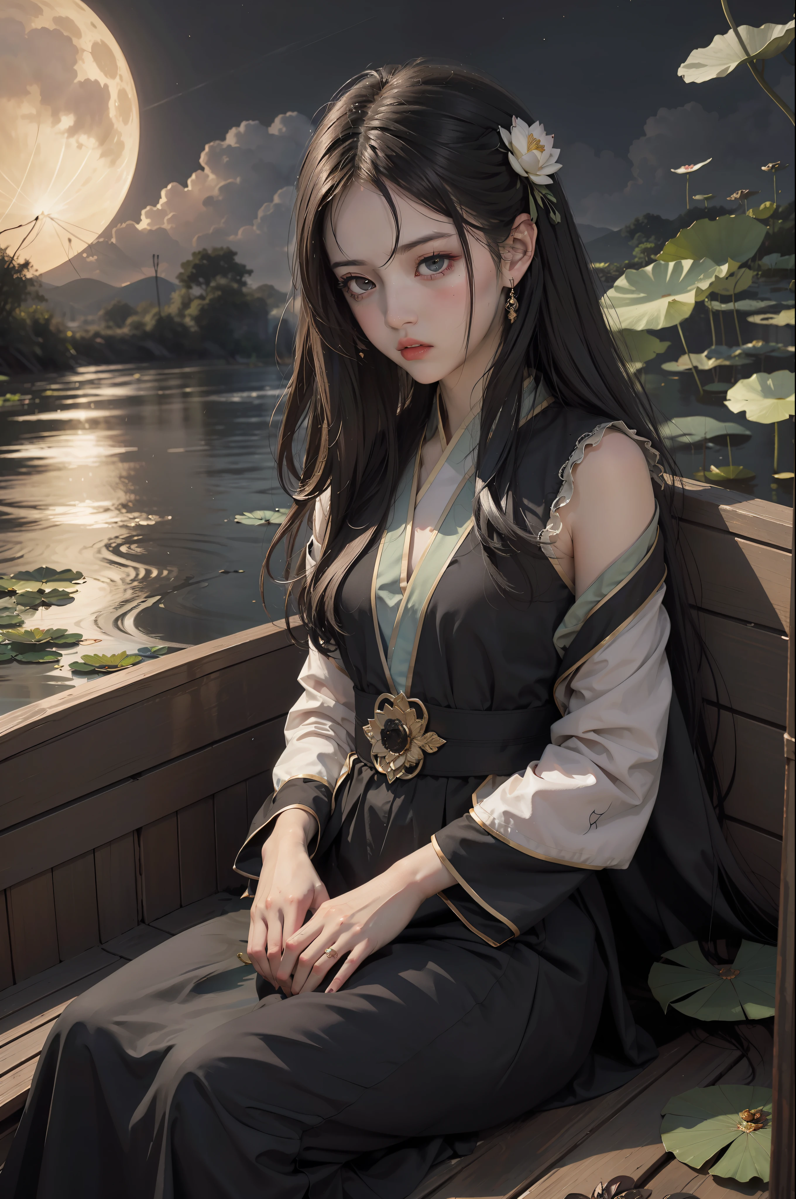 Unity 8k wallpaper, super detailed, aesthetics, masterpiece, best quality, realistic and masterpiece, best quality, official art, 8k wallpaper, very detailed, illustration, dark tones, night, lots of falling flowers, withered lotus lotus leaves, lotus flowers, small moon, small loft, (1 girl, unfolded hanfu long dress, sitting on a boat, drunken expression, black hair, long hair, fine eyes), BREAK, (background: the river is full of lotus leaves, A lot of lotus leaves: 1.3, a lot of withered lotuses: 1.3, clouds in the black sky), a lot of lotus leaves, a lot of lotus flowers, withered lotus flowers