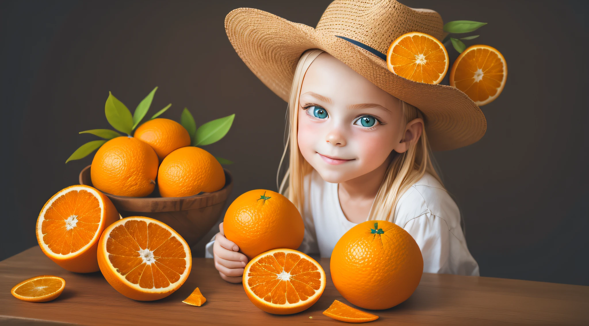 Russian child girl,e up, PORTRAIT, with long blonde hair, in a cowboy hat, many oranges with leaves on them on a table, oranges, extremely coherent orange, orange skin, orange and orange slices, orange colors, orange color, orange backgorund orange, orange, orange slices, vibrant orange, orange background, an orange, orange colors, very orange, orange theme, orange minerals, in front of an orange background, orange plants
