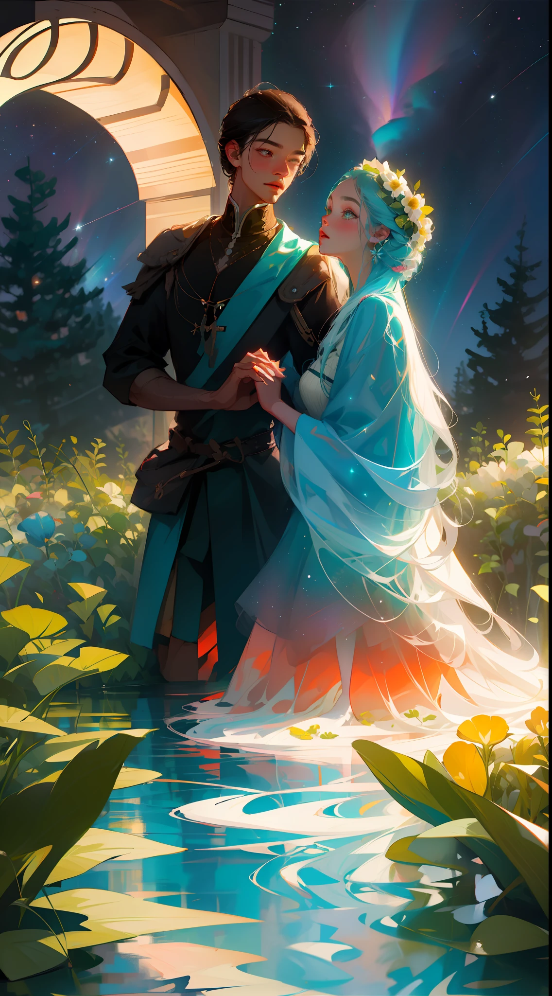 Masterpiece, high quality, guy and girl holding hands, Ukrainian symbols, Ukrainian national costumes, boho style, in transparent, waist-deep water, neon garland, nights, neon lights, romance, happiness, love, lovers, holiday, plants, starry sky, galaxies, magic around them, magic, Flowers, fern, beautiful sunset, fun, flower arrangements, wreaths of flowers on the head, river, forest, flower meadow,  willow, willow willow trees, 8k, multicolored, full color pattern,
