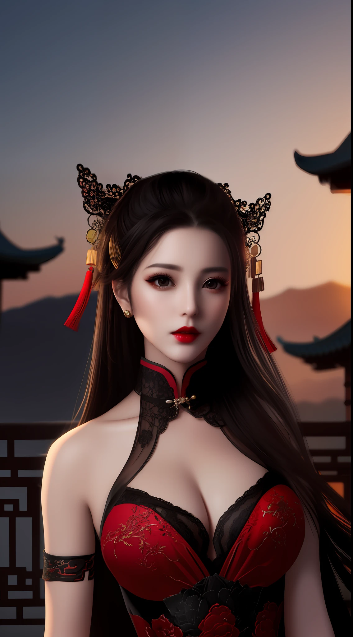Realistic, 1 girl, see-through chinese armor soft red black, very large breasts, black hair, red lips, detailed eyes , dark backgrou,,Low light, Chinese underwear, best face,upper body, Low light landscape, sexy style, royal, Penetration , chinese underwear