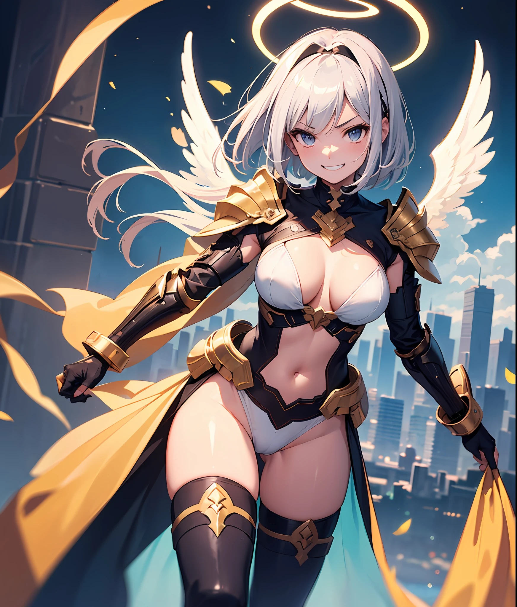 fantasy, 1angel_girl,child, loli,dark_color_hair, medium_bob_hair, long_bangs, halo,bare_shoulder,thighhighs,silver_armor, waist_armor, large_breasts,angry,smile, grin,shiny_teeth,1pair_wings, dynamic_ pose_fighting,floating, bare_crotch, covered_nipples, covered_pussy,headgear,gauntlet, greaves, pelvic_curtain, city_sky_background,slightly_spread_legs, solo, groin_naked,(masterpiece, best quality, best quality, official art, beautiful and aesthetic:1.2), (1 girl), very detailed,