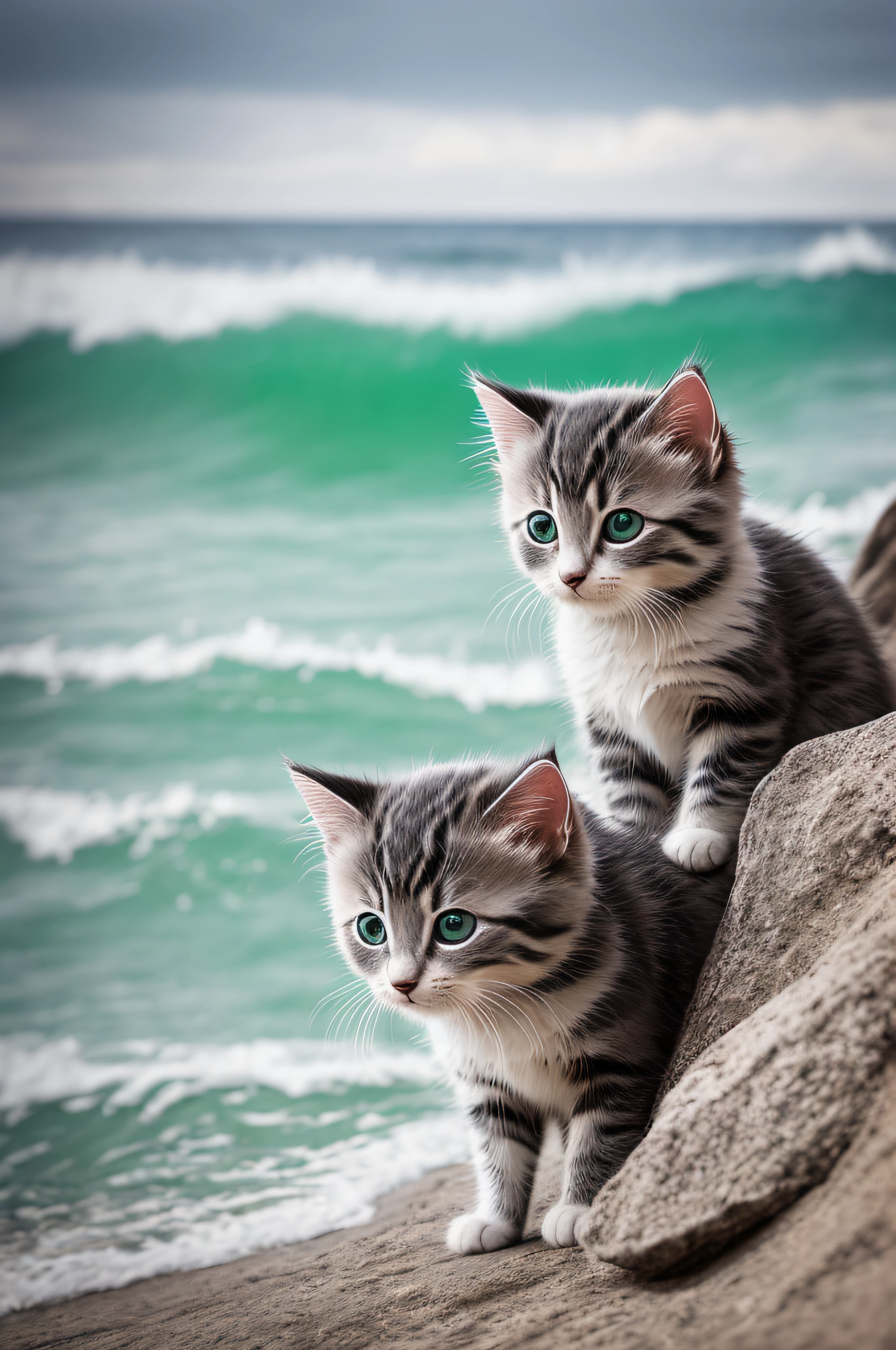(Masterpiece:1.3), (8k, Photorealistic, RAW Photography, Best Quality: 1.4), concept art portrait, hyperdetailed, Gray and white siberian kitten, summer in Japan, Kitten surfing in the emerald green sea