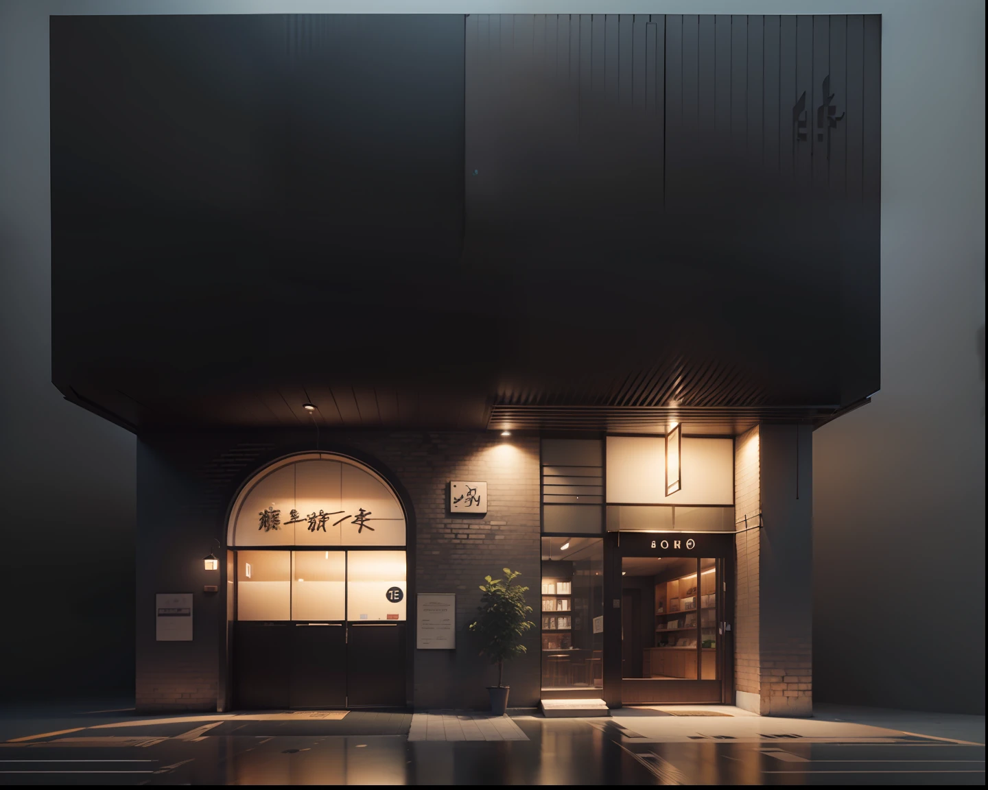 Wabi-sabi style storefront front, high detail storefront, well-lit 3D rendering, architectural rendering, night rendering, storefront, storefront,