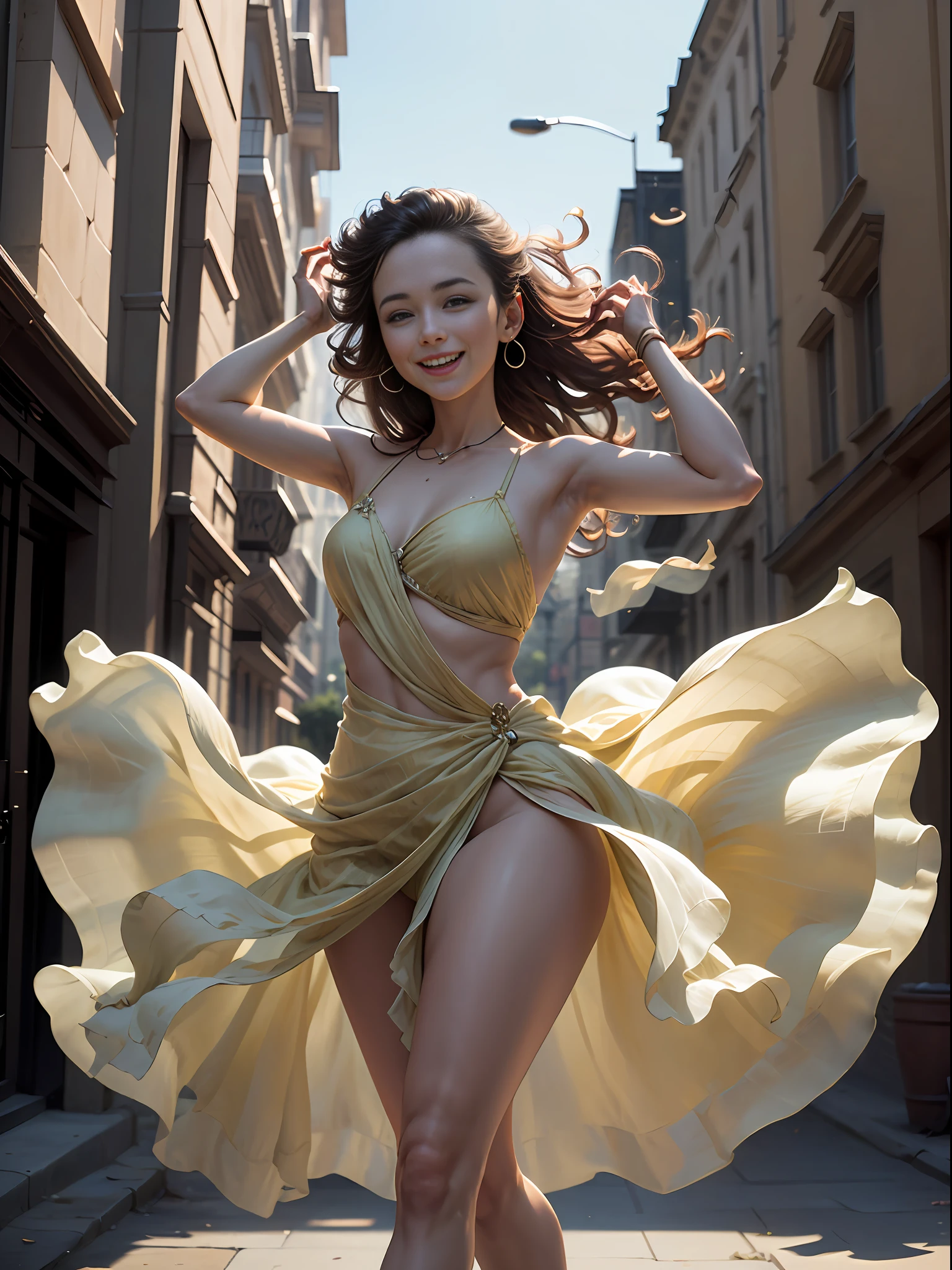 1 beautiful young woman dancing to the sound of dj Alok,hands up,earphone,afternoon,street,natural light,shopping parking,musical notes in the wind,smile,expression of joy