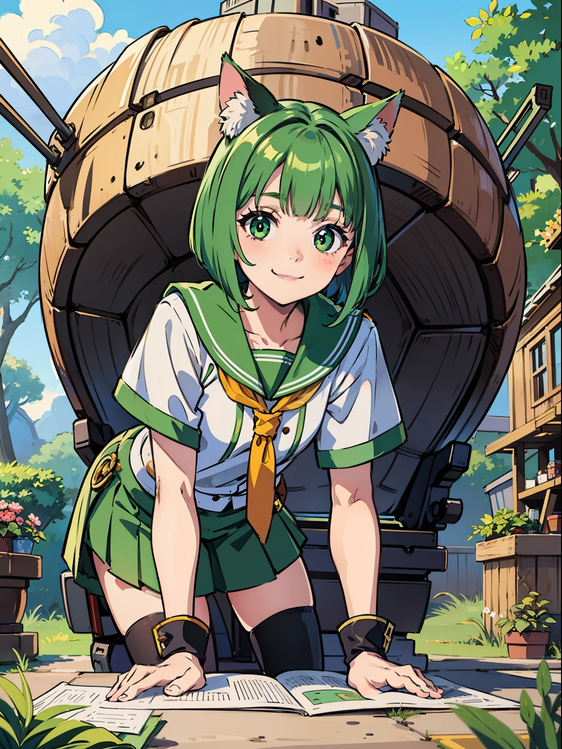 Captain cat girl, green short bob hair, green eyes, smile, fantasy steering colorful little ship