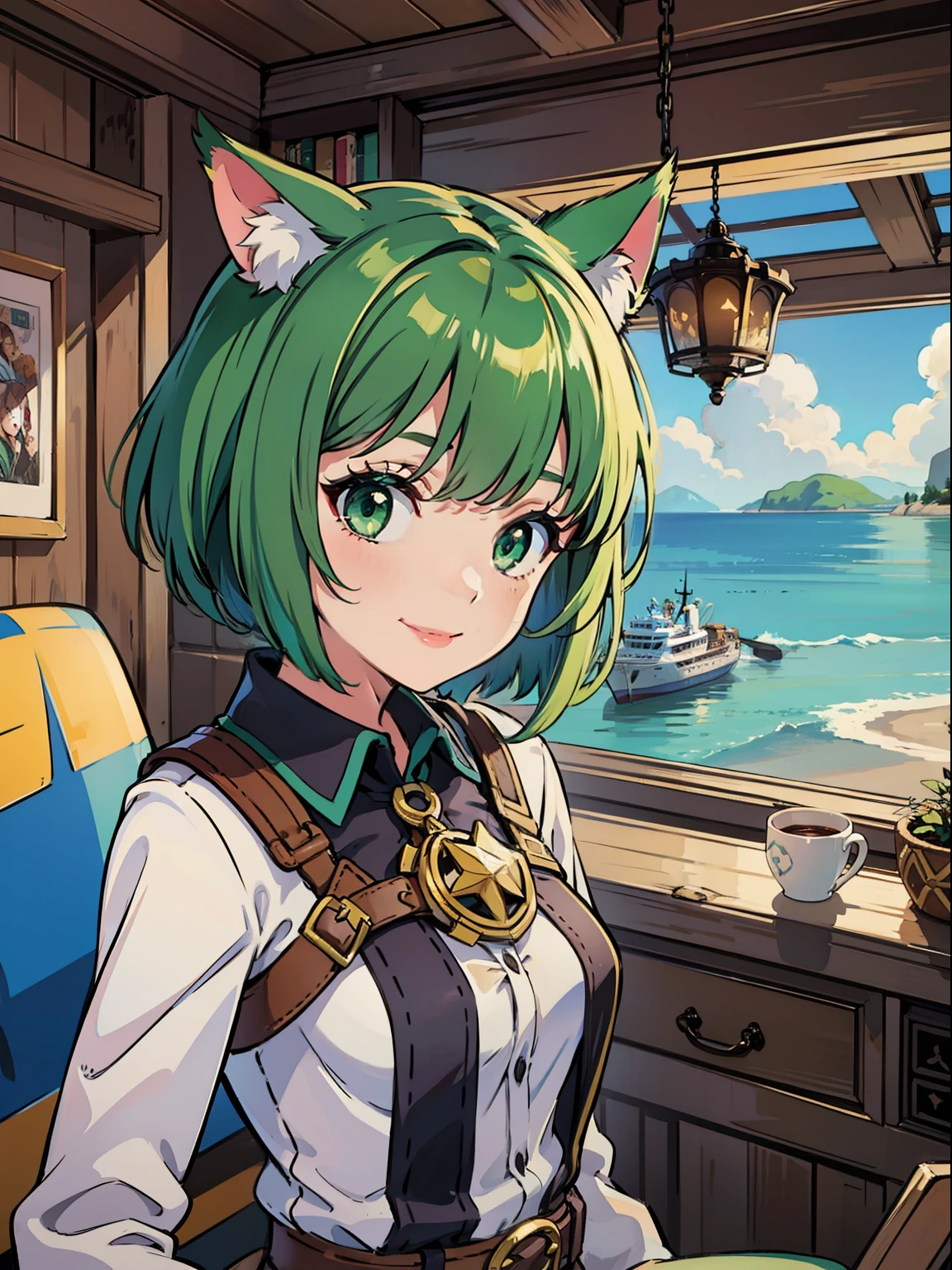 Captain cat girl, green short bob hair, green eyes, smile, fantasy steering colorful little ship