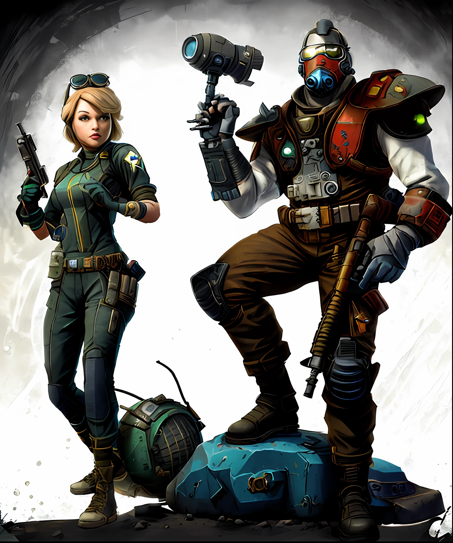 ((Fallout New Vegas)), a cartoon image of two people with guns and an eyebot, fallout style, ((black woman, strong man)), (((white background) Fallout concept art, serious Sam As Smash characters, shadowrun character art, medium shot of two characters, duke nukem art style, official Fallout 4 art, video game character design, Starfinder character, Starfinder style, In the Fallout Desert, apocalyptic fallout 7 6, Starfinder style