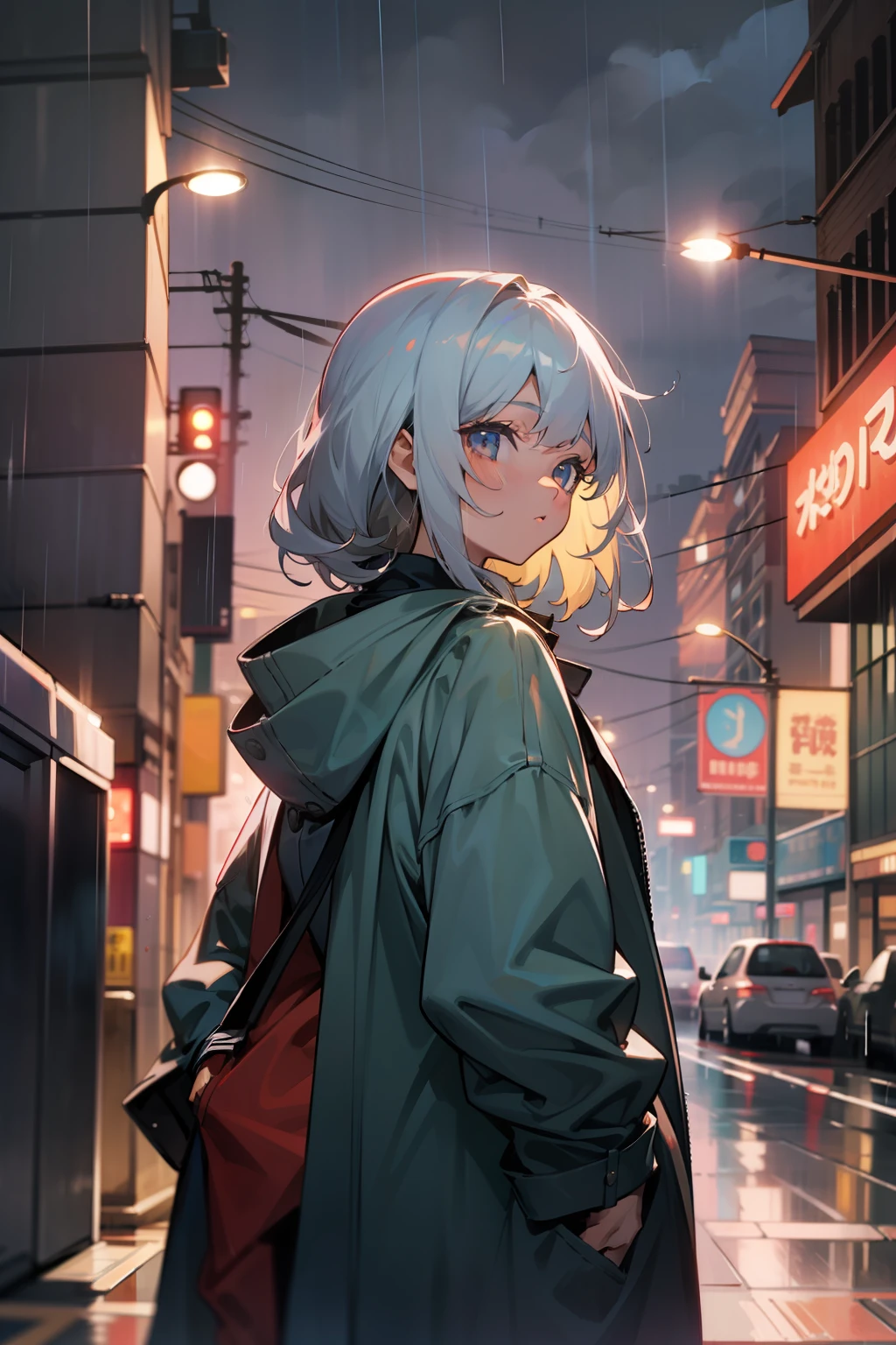 1 girl, night city, rain, coat, hands in pockets