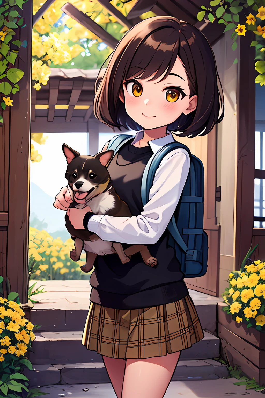 high resolution, professional lighting, an incredibly charming girl carrying a backpack, accompanied by her adorable puppy, enjoying a lovely spring outing surrounded by beautiful yellow flowers and natural scenery, masterpiece, best quality