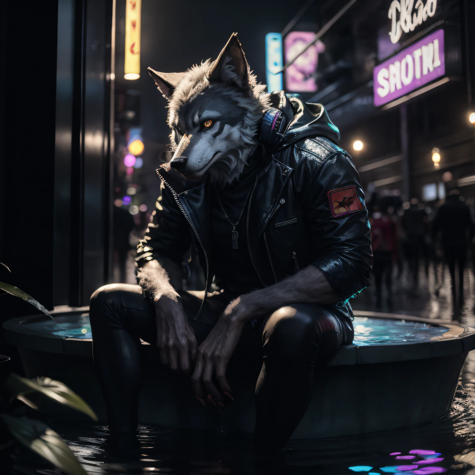 A werewolf with headphones and a jacket is sitting on a large lily leaf in a fountain. Cyberpunk and post-Soviet modernism thematic style. near vision, neon lights., Pop art, Pixar, three-sided view, UHD, anatomically correct, textured skin, super detail, realistic, high quality, 4K --auto