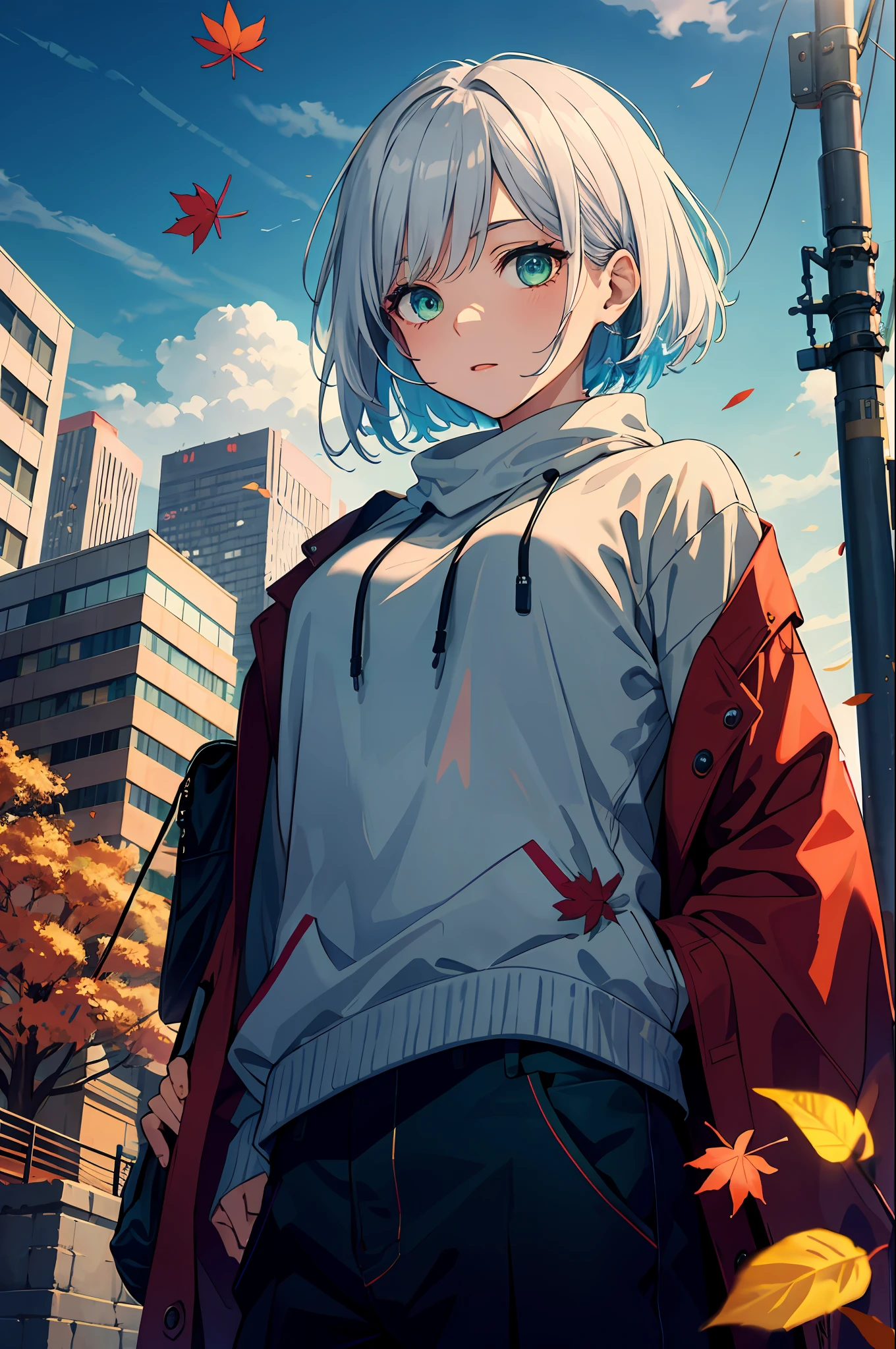 japan, highres, highest quallity, illustration, ultra detailed, (detailed face), (detailed eyes), soft lighting, best quality, hazy glow, dreamy atmosphere, hyper detailed, masterpiece, 1boy, solo, silver hair, green eyes, knitwear, luminous eyes, medium breasts, (colorful),shot, from below, outdoors, morning, clouds, tall buildings in background, industrial, public transportation, urban, concrete buildings, concrete, sidewalk, busy, trees, autumn, falling leaves,