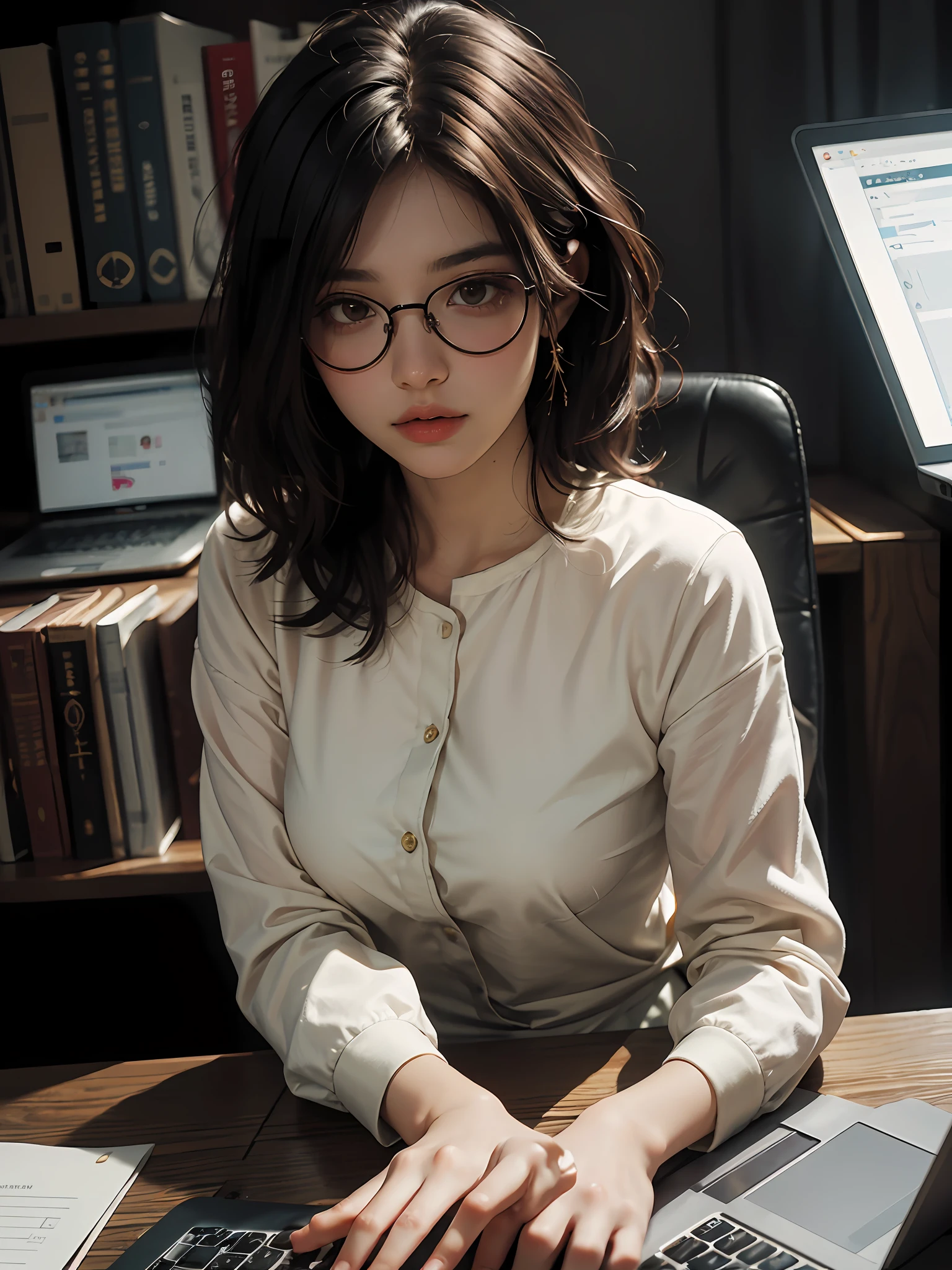 Whispers of Nature, Alphonse Mucha, Gustav Klimt, elegant figures, organic motifs by Antoni Gaud, Ren Lalique,
1girl,solo,glasses,professional attire, black hair, brown eyes, office setting, laptop, multitasking, busy schedule, coffee mug, deadline,(sfw:0.85),breasts,
(Playful body language, smoldering expression, discreetly suggestive, captivating charm:0.9)