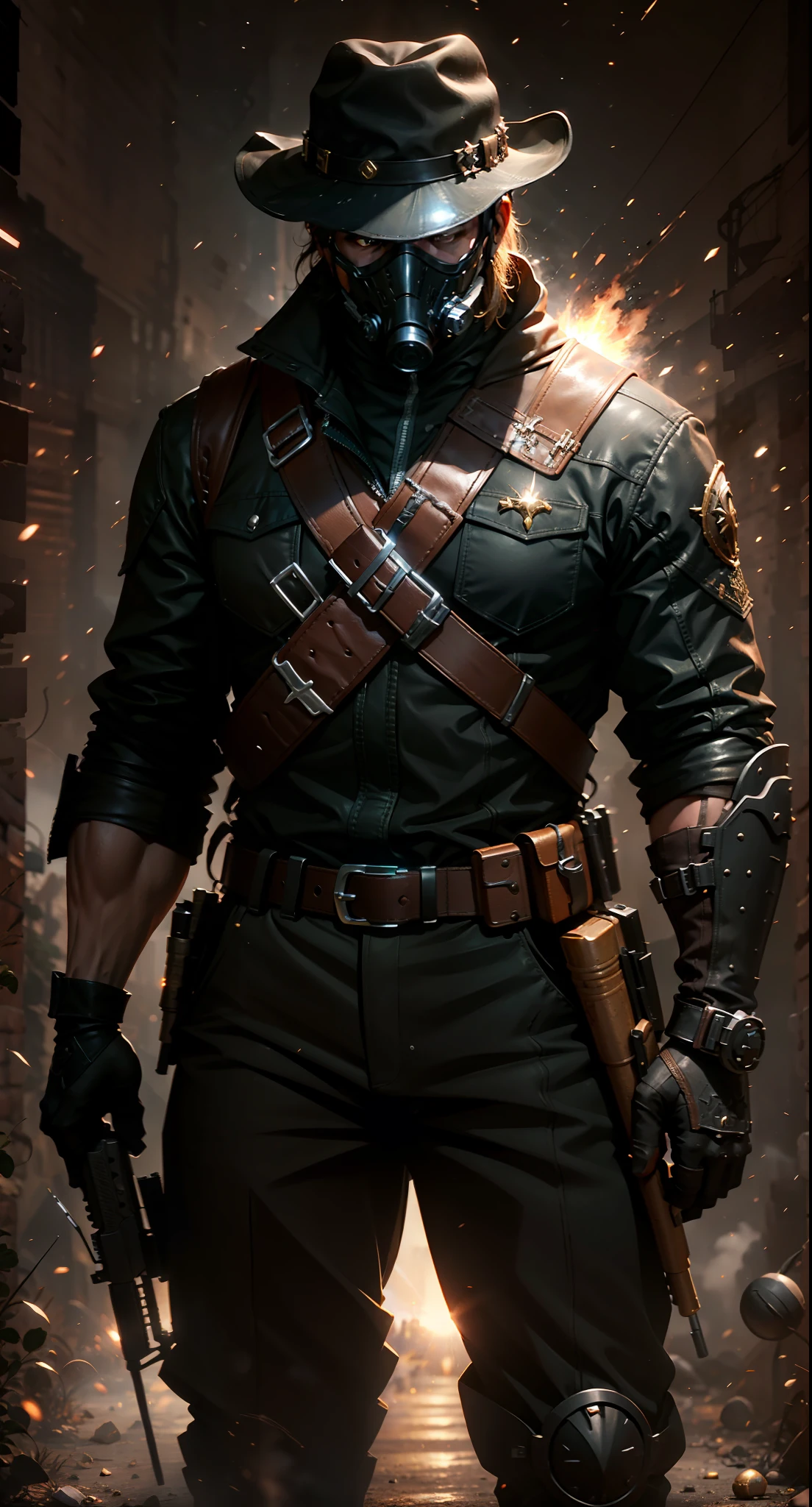 Western setting, Grown man, cowboy cosplay, leather hat, a rifle handle on the back, a short-barreled shotgun in the hands, mask on the face, black suit with gold, projectiles being fired, bullet belt at the waist, unreal engine 5, ultra detailed, 8k.