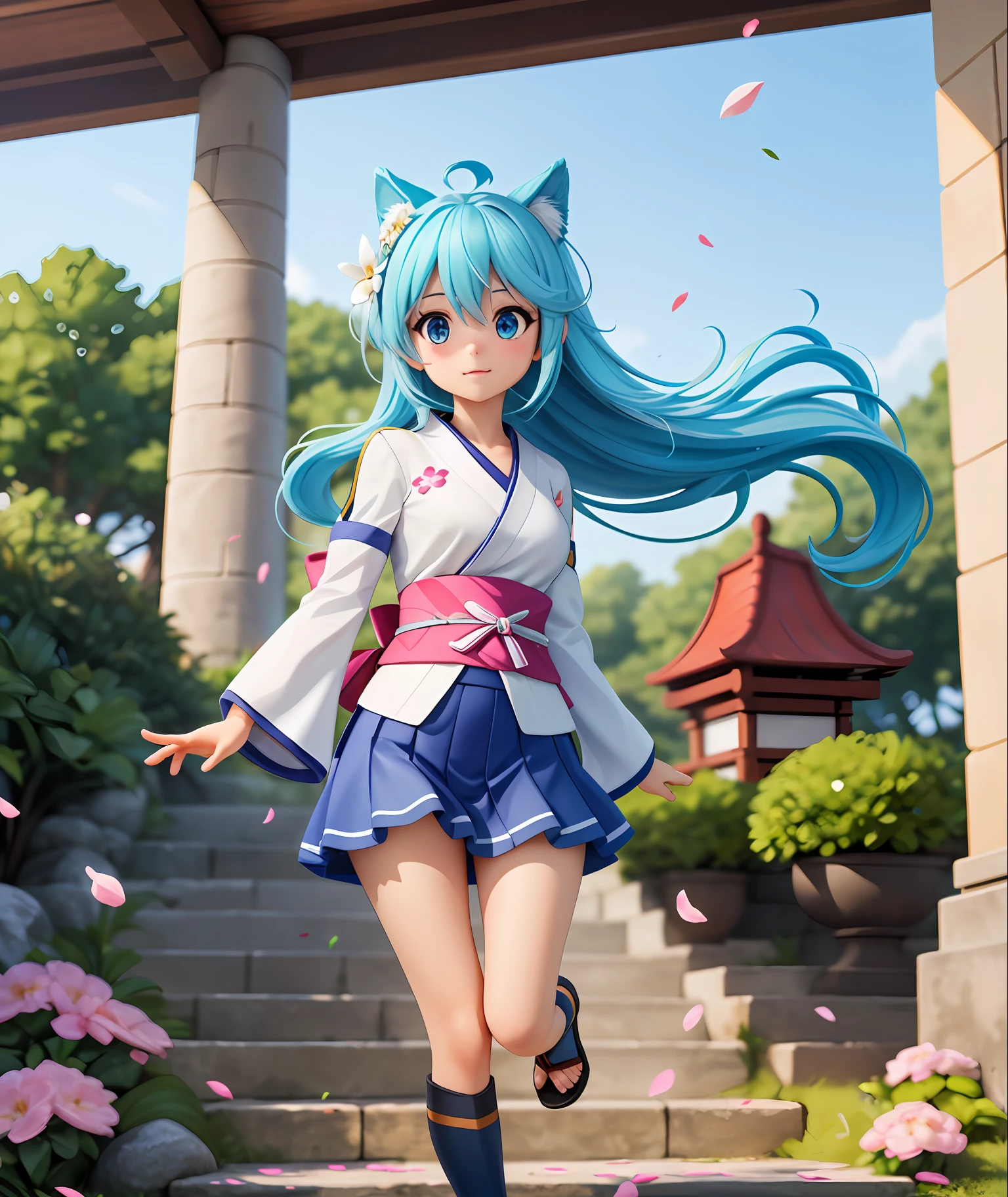 _aqua_konosuba dog, long hair, blue hair, dog ears blue eyes, detached long sleeves, white kimono, pleated miniskirt, dog's tail diffuse sunlight, depth of field, light particles, strong wind, blue sky, shrine, stone stairs, falling flower petals, facial focus