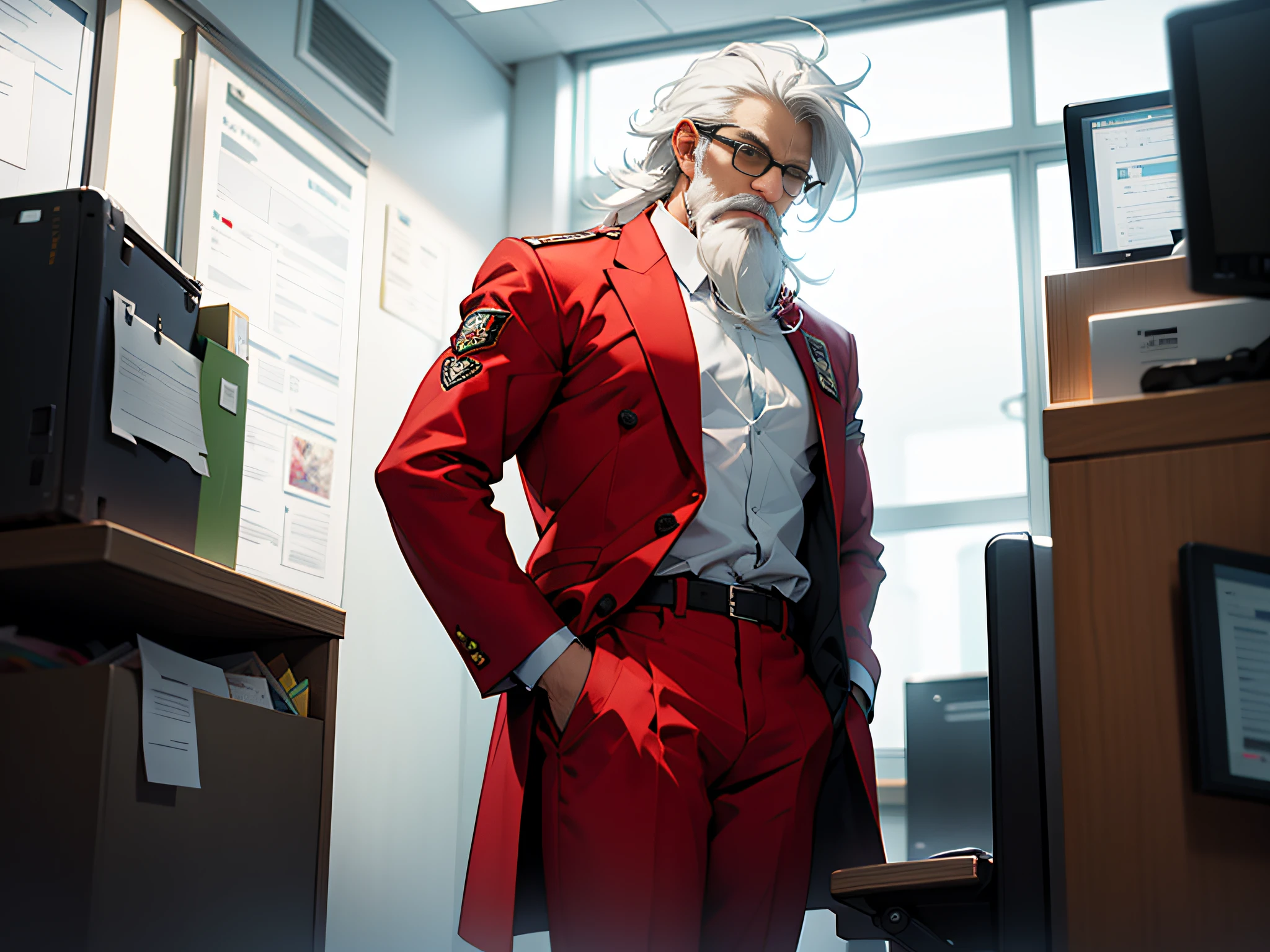 Sitting in the office, wrinkled, white hair with a long white beard, wearing a red suit and white shirt, standing in front of the window