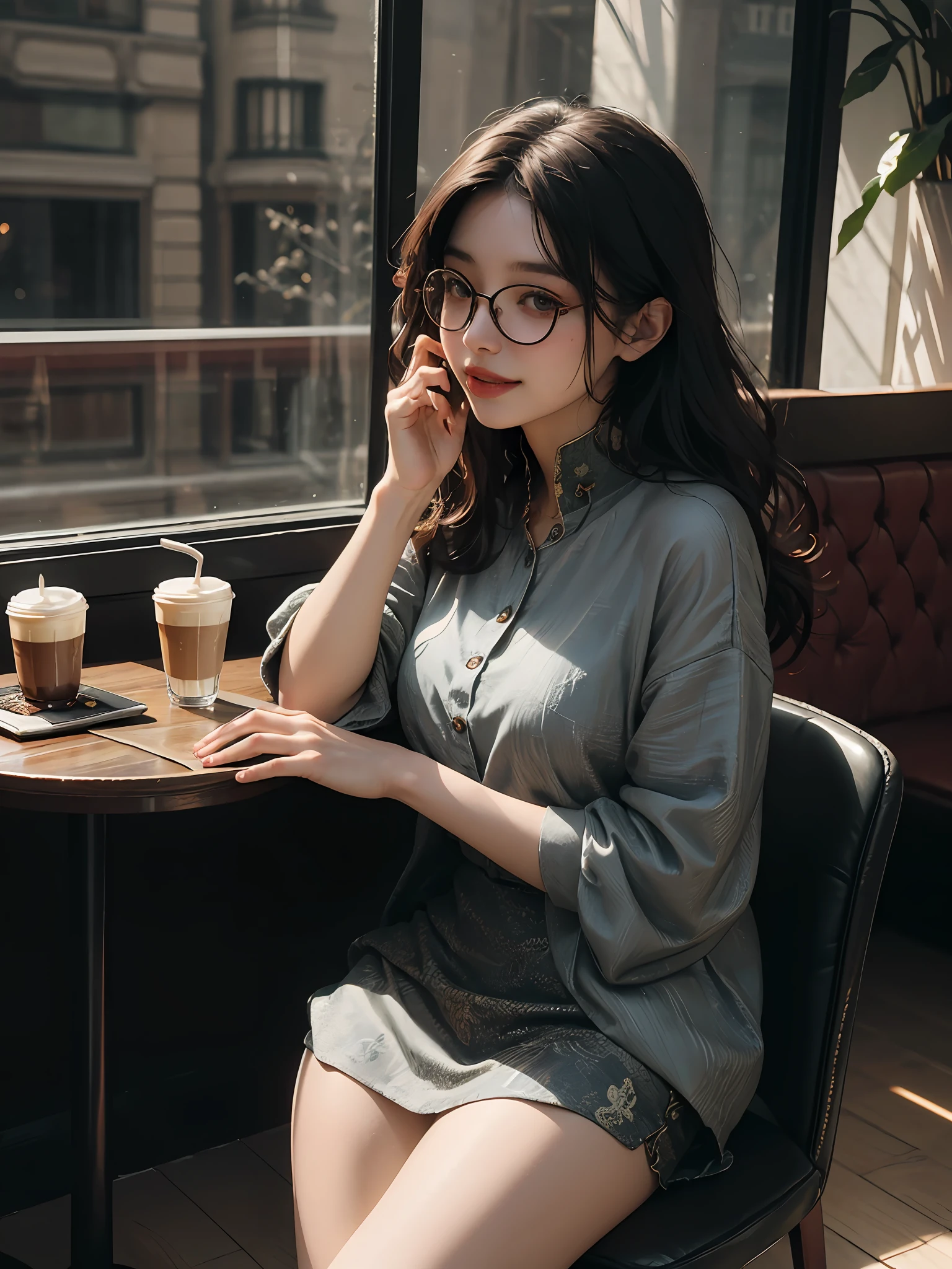 Whispers of Nature, Alphonse Mucha, Gustav Klimt, elegant figures, organic motifs by Antoni Gaud, Ren Lalique,
1girl,solo,glasses,casual outfits, coffee shop, chatting, laughter, laptops, cups of coffee, friendship,(nsfw:0.85),thighs,
(Graceful poise, evocative atmosphere, magnetic presence, refined seduction, captivating mystique:0.9)