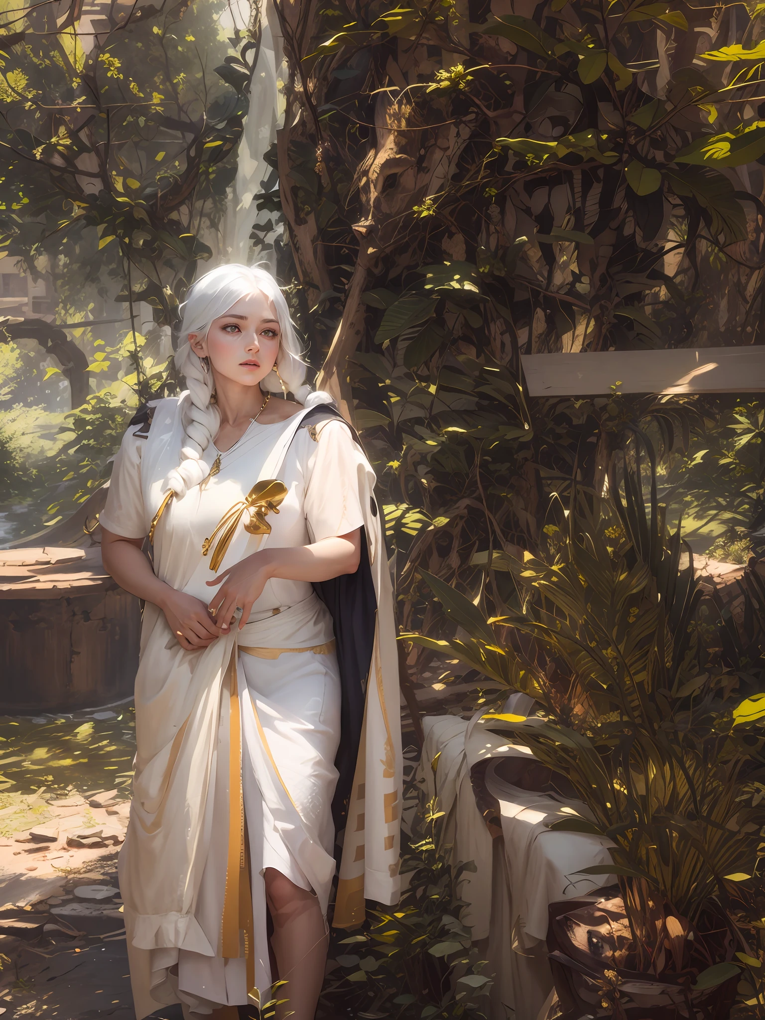 best quality, masterpiece,white hair, gold eyes,white clothes, looking up, upper body,hair strand,Fair skin,side braids