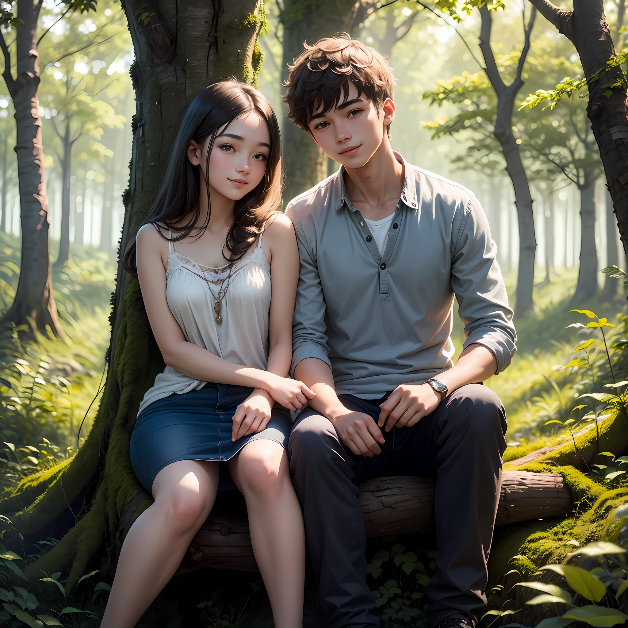 Beautiful teenage couple, sitting on the branch in the forest, love weather, gentle smile, clear hd faces, masterpiece --auto