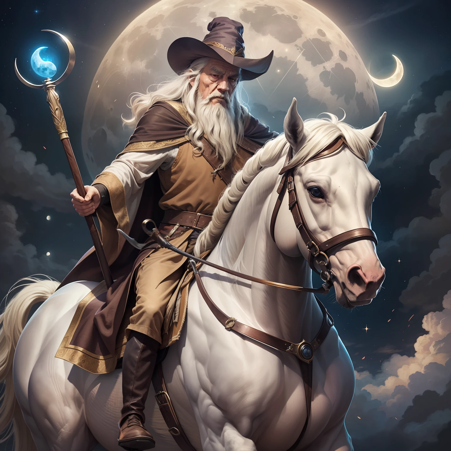An old wizard riding a horse with the moon background, dark brown robe, old, white horse, Gandalf, light night, staff, pointed hat, white beard, detailed, realistic, award-winning digital art, high quality