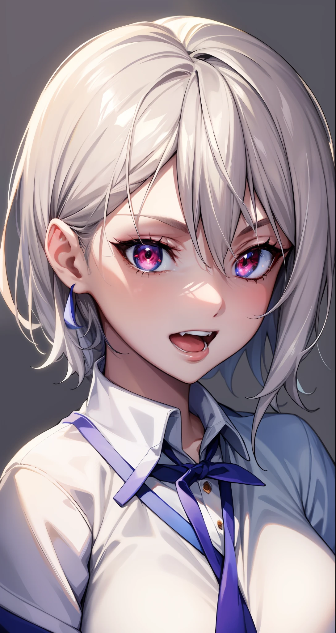 an attractive girl, gray background, perfect body, with school uniform, neckline., white hair, eye reflection, open mouth, light smile, modern, anime, ray tracing, f/1.2, rounded corners, cropped, close-up, UHD, high details, 4K