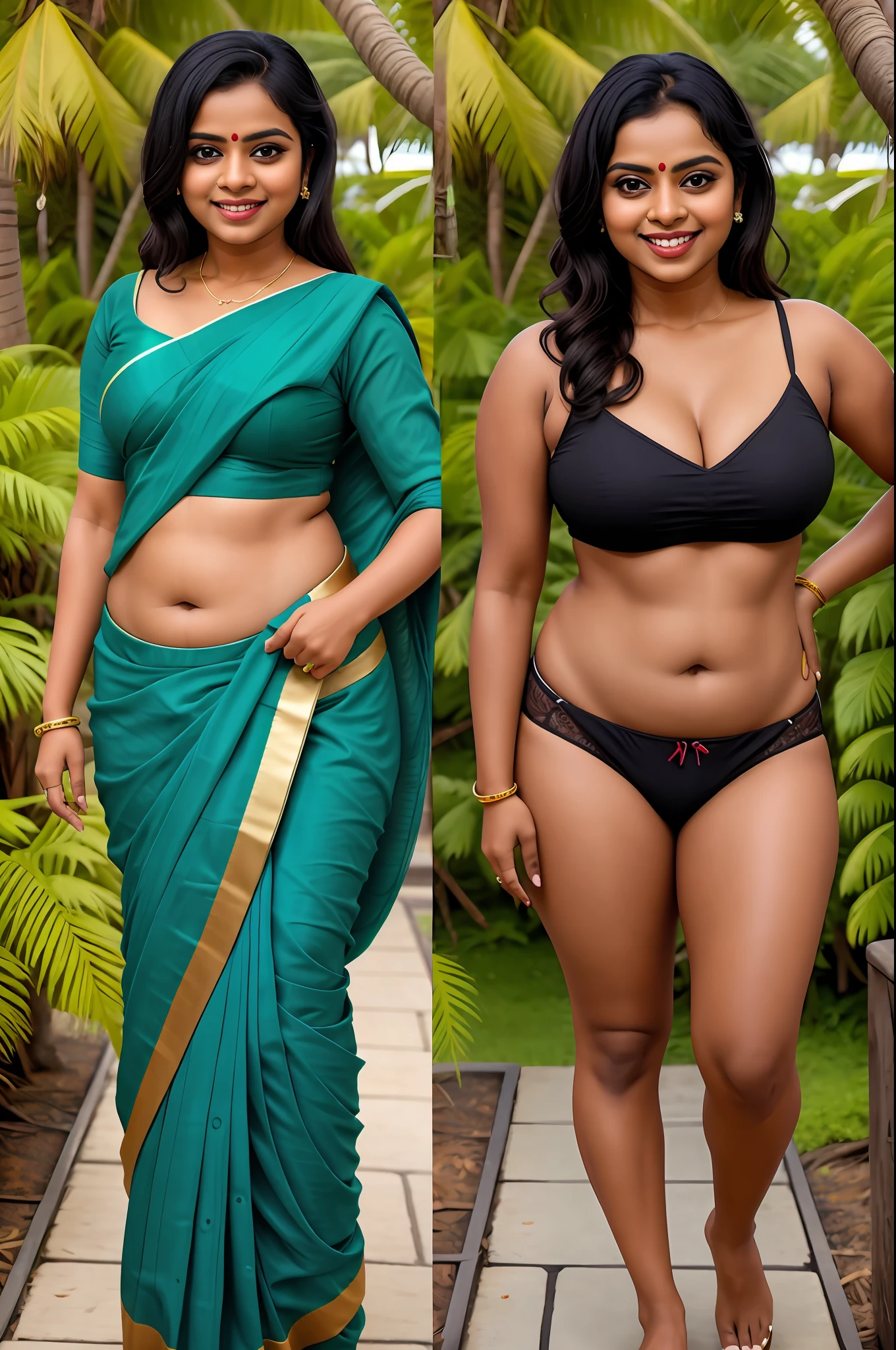 Side by side photo of a mallu woman ,(island:1.3),saree, outdoors,tall, seductive, detailed cute face, full lips, smiling, hyper realistic, full body shot, visible navel, cleavage, messy black hair