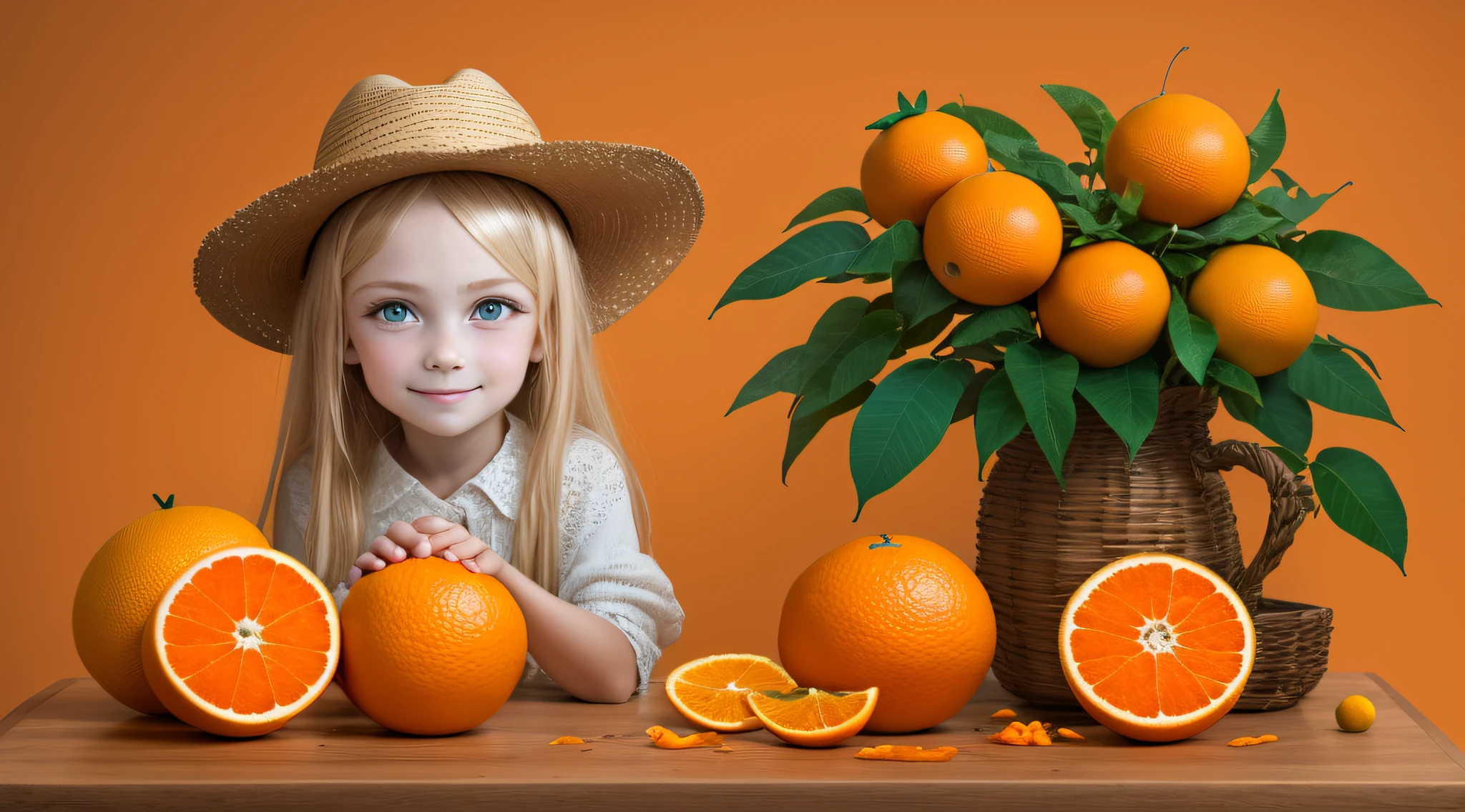 Russian child girl,e up, PORTRAIT, with long blonde hair, in a cowboy hat, many oranges with leaves on them on a table, oranges, extremely coherent orange, orange skin, orange and orange slices, orange colors, orange color, orange backgorund orange, orange, orange slices, vibrant orange, orange background, an orange, orange colors, very orange, orange theme, orange minerals, in front of an orange background, orange plants