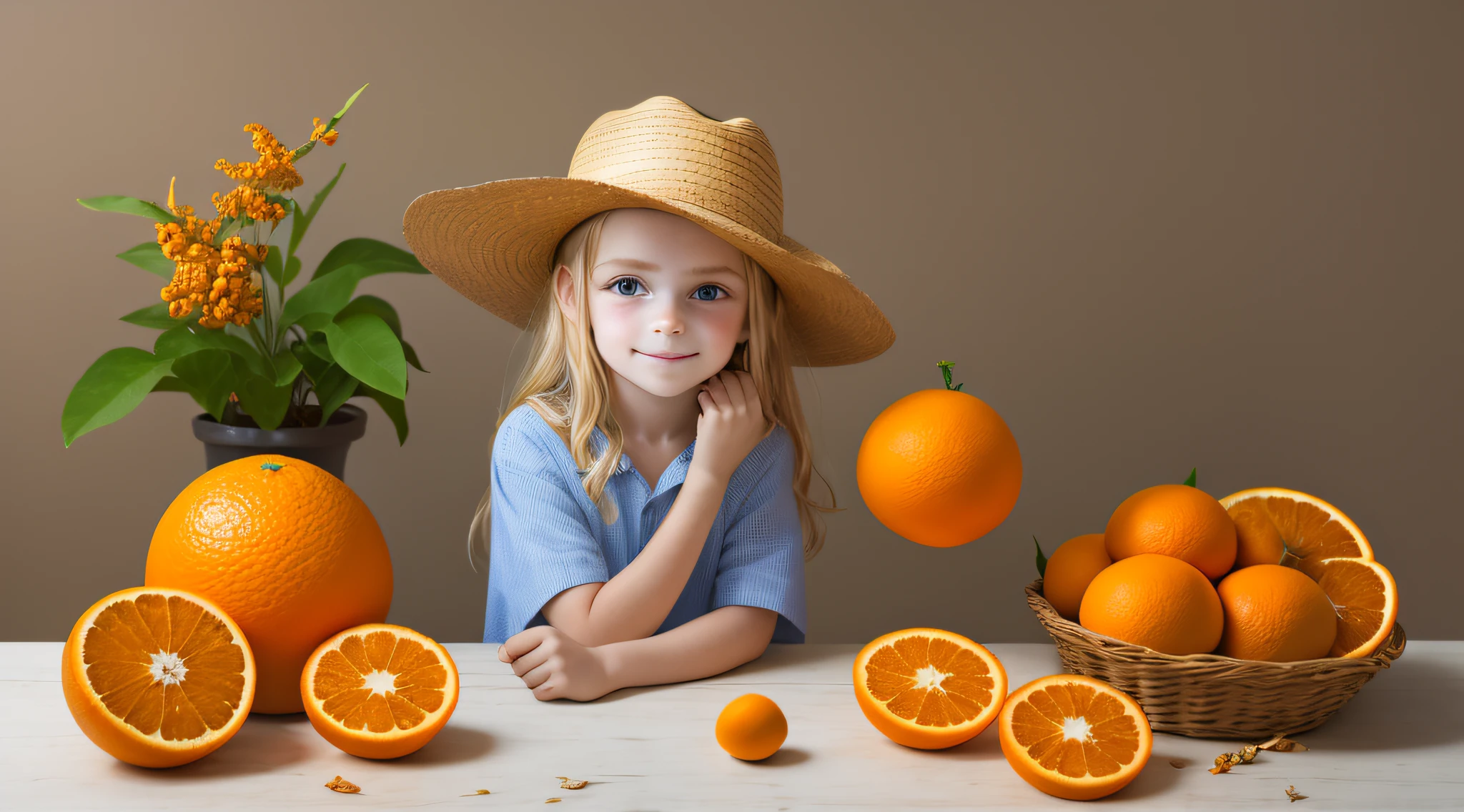  Russian child girl,e up, PORTRAIT, with long blonde hair, in a cowboy hat, many oranges with leaves on them on a table, oranges, extremely coherent orange, orange skin, orange and orange slices, orange colors, orange color, orange backgorund orange, orange, orange slices, vibrant orange, orange background, an orange, orange colors,  very orange, orange theme, orange minerals, in front of an orange background, orange plants