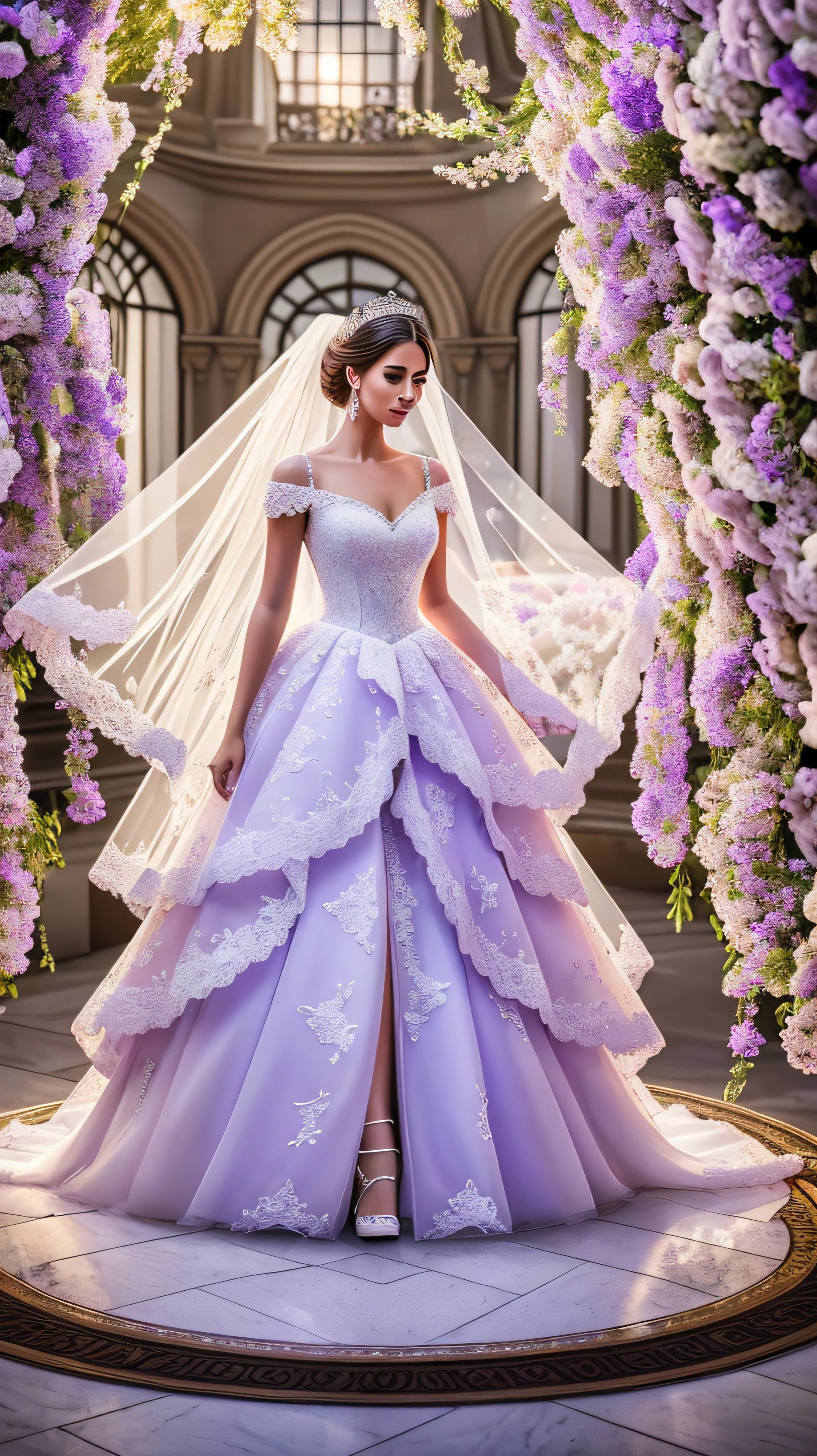 A full body, full shot, detailed and detailed extremely beautiful slender graceful sexy bride, in a red-black wedding dress with intricate lace patterns and sparkling Swarovski crystals and a beautiful long black veil with intricate patterns, stands in the shade among the columns of a beautiful building, a beautiful side soft daylight falls on her, forming a light and shadow in the center of the body on the face and body, the bride holds the wedding dress with her hands, the pose is beautiful sexy with s-shaped curves of the body, shoes on a red stiletto heel with intricate patterns, the bride’s face is European ideal beautiful proportions neat facial features, eyes bright green-blue eyelashes long and fluffy, body type of the bride endomorph slender and graceful height 175 cm, legs slender and longer than the body in proportion, hands graceful in precious jewelry, on the bride’s head a wedding tiara with beautiful diamonds, skin natural detailed, skin pores, skin natural shine, skin color perfect, cheeks slightly rosy, detailed and detailed wavy long light hair to the knees beautifully loose, lighting side daylight soft, hyper detail, sharp focus, hyper photorealism, hyper naturalistic, style Jerry Ghionis