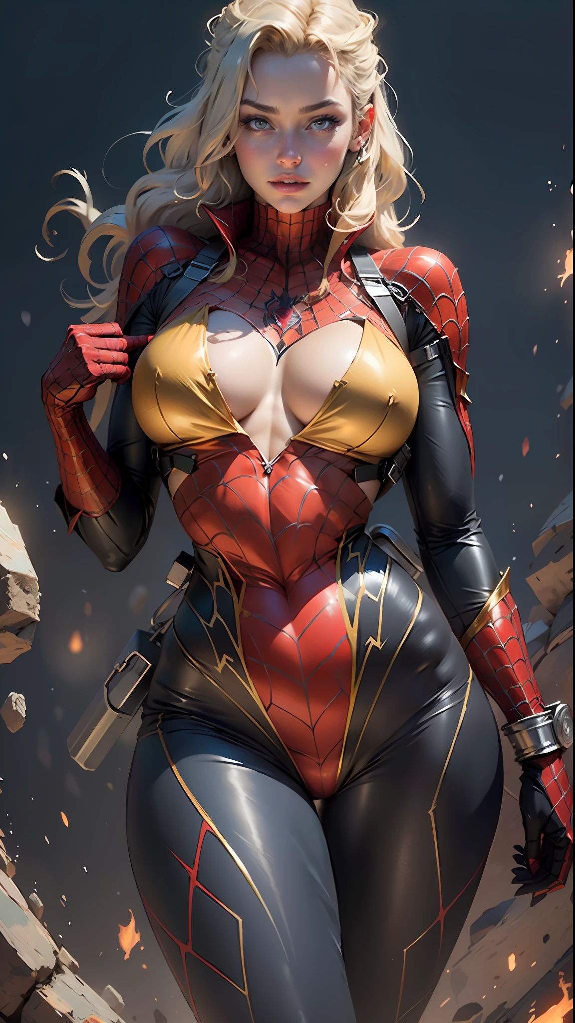 Beautiful blonde woman detailed defined body using golden spider man cosplay, huge breasts, semi-transparent outfit