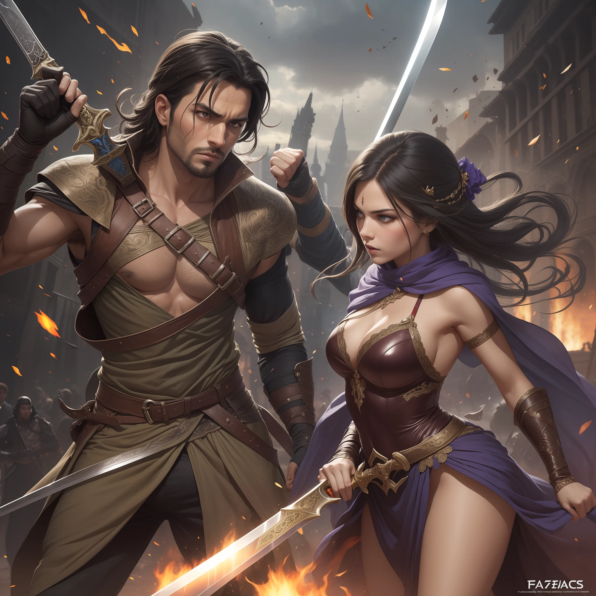 Man vs woman, swords swinging, faizcas coming out of the sword