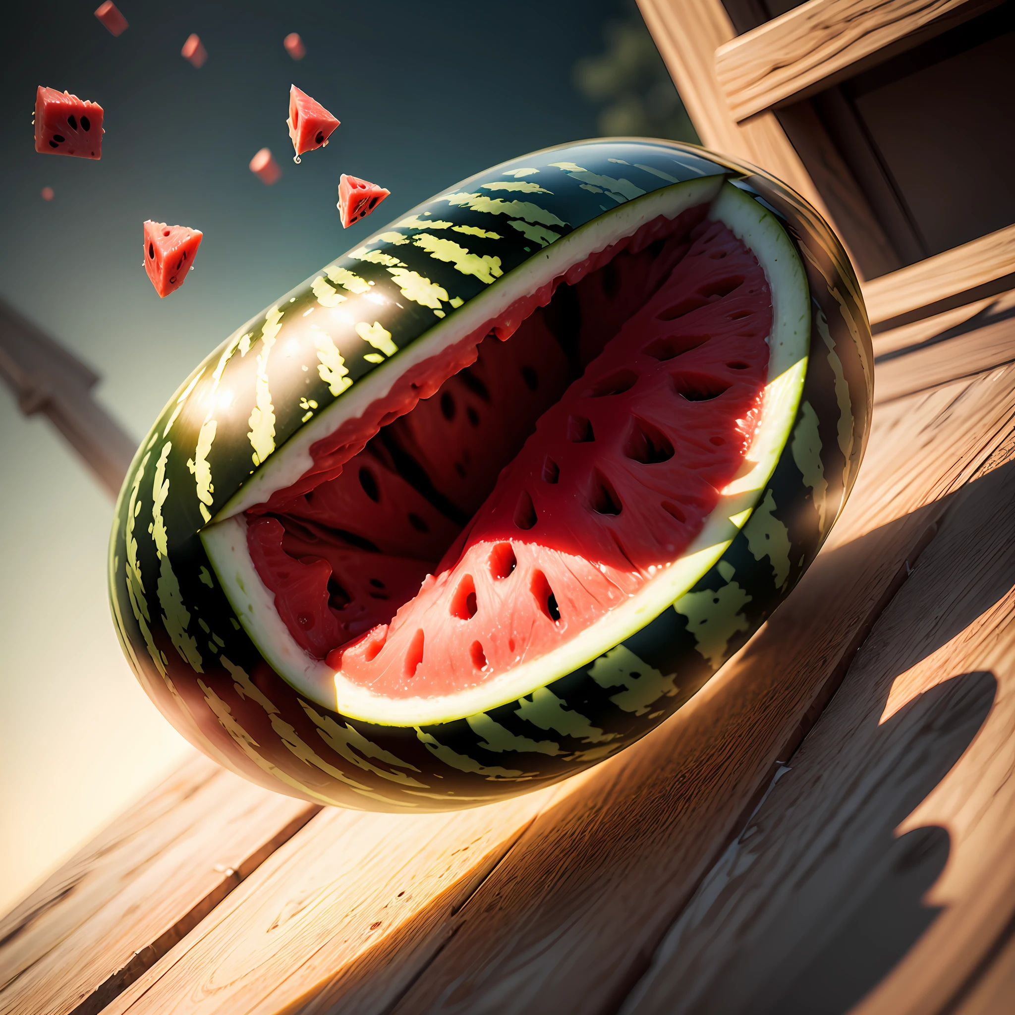A watermelon piece falling in pieces juicy, tasty, hot, promotional photo, intricate details, hdr, cinematic, adobe lightroom, highly detailed --auto