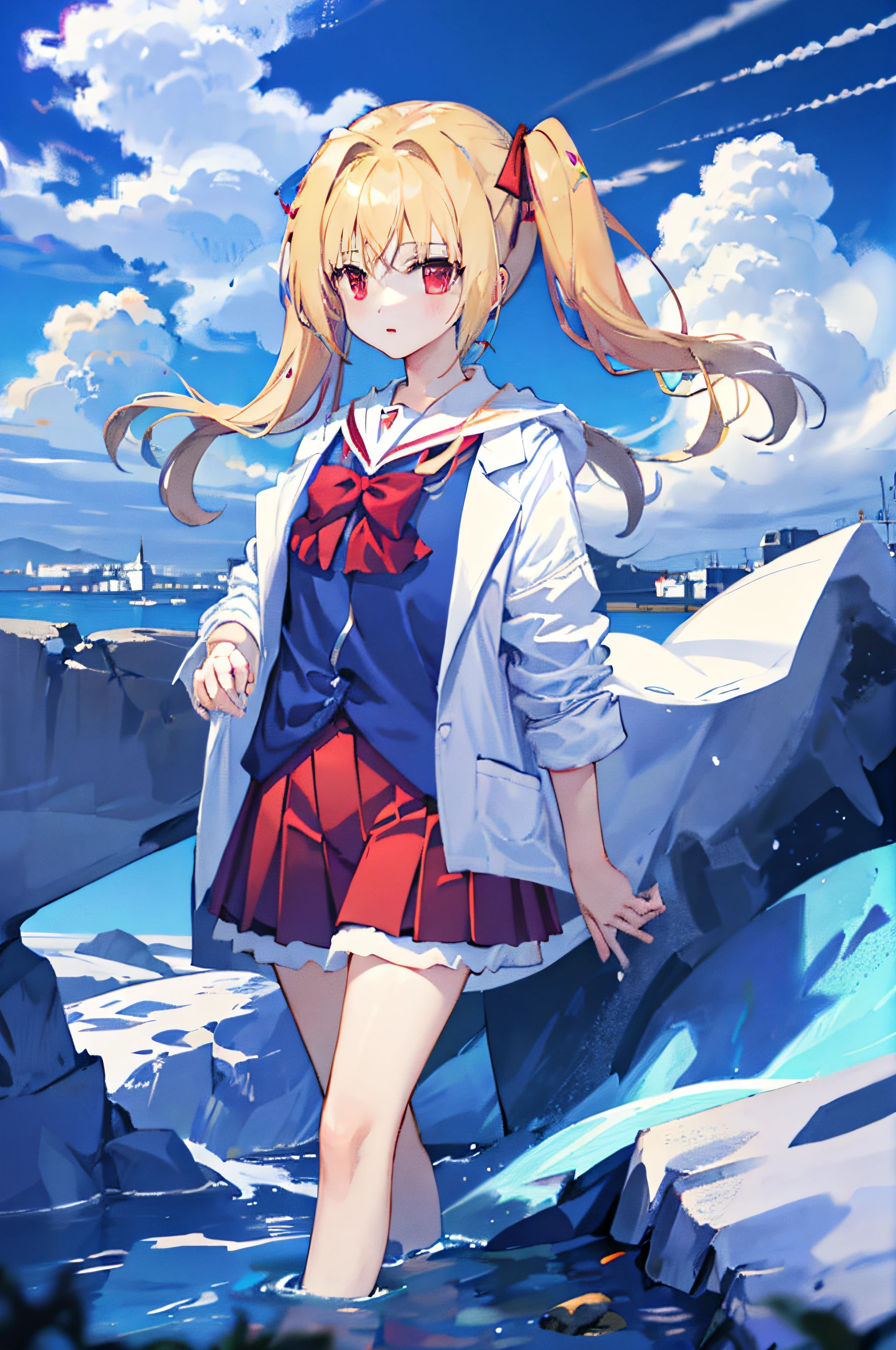 1girl, landscape, cloudy sky, field, panorama, overlook,(high contrast:0.8),(distant view),blurry foreground,wind,
shinku \( Iro toridori no sekai\) , blonde hair, red eyes, twintails, long hair, hair ribbon, red pleated skirt, open lab coat, blue shirt, school uniform,  cropped legs, tying hair
christmas, trim marks, sky, gracidea, floating island
masterpiece,highres,extremely detailed CG unity 8k wallpaper, best quality, ultra-detailed,