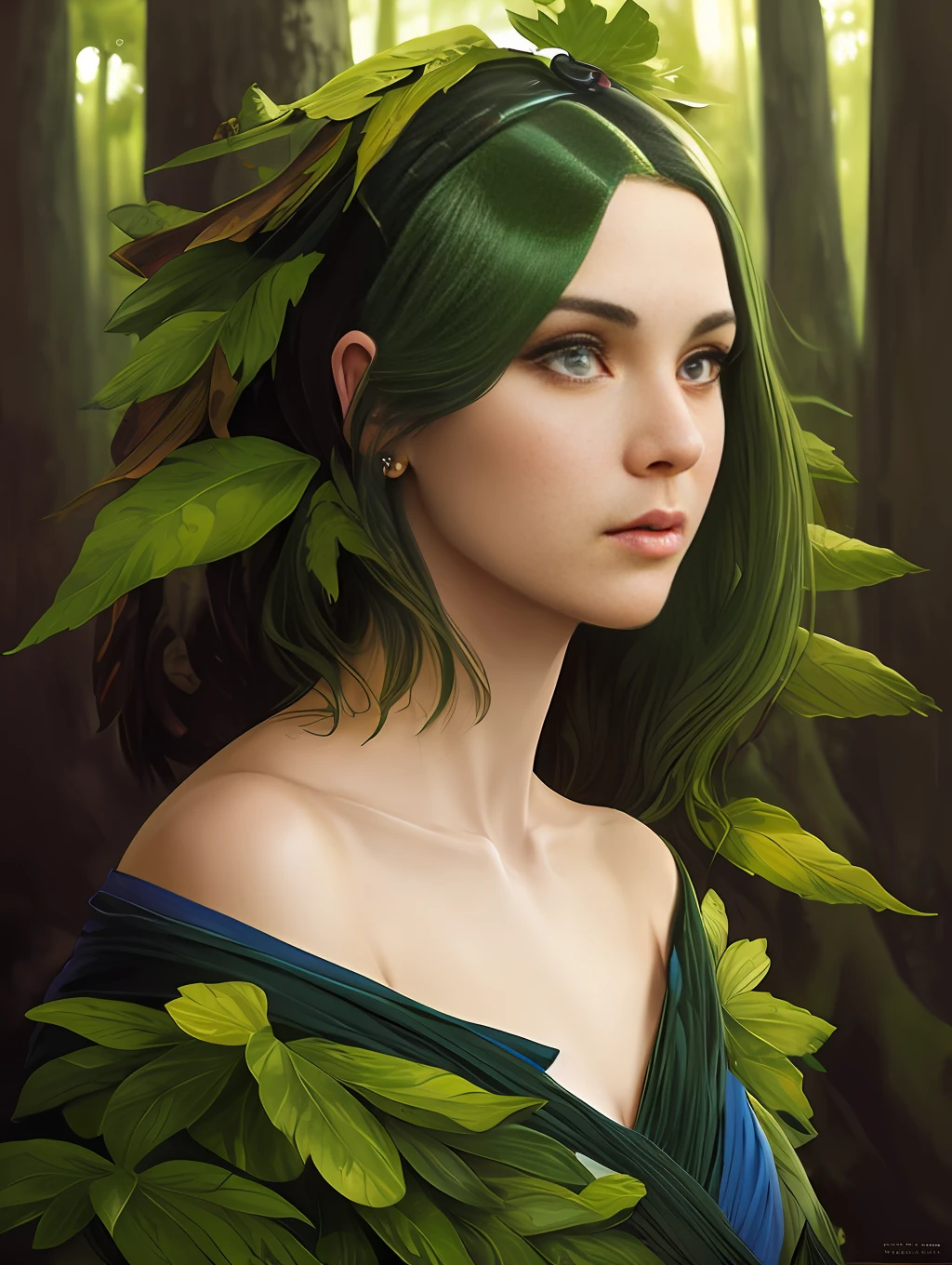 portrait of a forest mage, female, dress made of green leaves, gorgeous, green hair, brown skin, curves, forest background, highly detailed, smooth, sharp focus, chiaroscuro, digital painting, artgerm and greg rutkowski and alphonse mucha