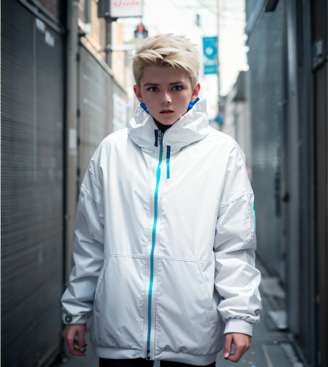 Blonde boy wearing futuristic white jacket, with blue neon details, realistic