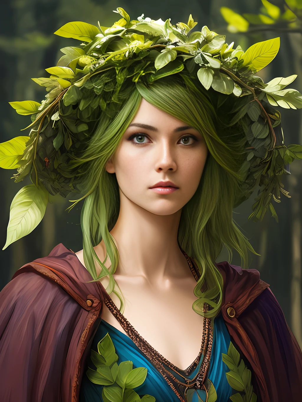 portrait of a forest mage, female, dress made of green leaves, gorgeous, green hair, brown skin, curves, forest background, highly detailed, smooth, sharp focus, chiaroscuro, digital painting, artgerm and greg rutkowski and alphonse mucha
