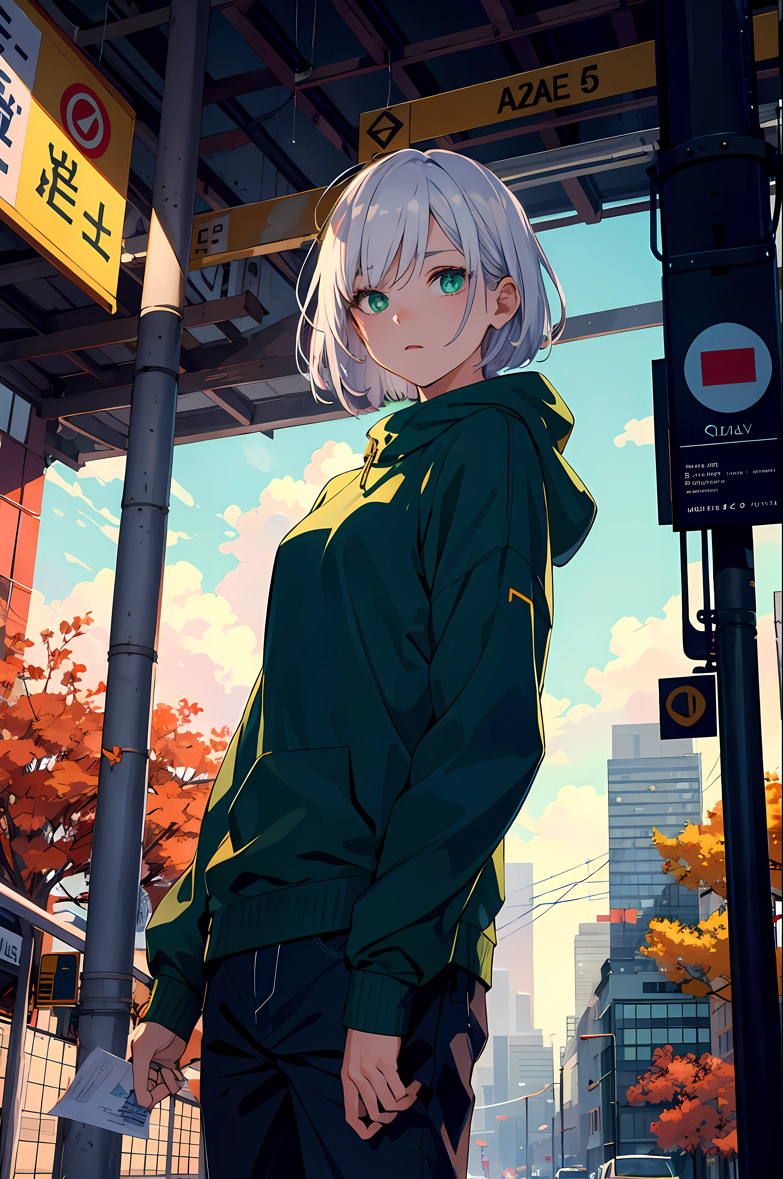 japan, highres, highest quallity, illustration, ultra detailed, (detailed face), (detailed eyes), soft lighting, best quality, hazy glow, dreamy atmosphere, hyper detailed, masterpiece, 1boy, solo, silver hair, green eyes, knitwear, luminous eyes, medium breasts, (colorful),shot, from below, outdoors, morning, clouds, tall buildings in background, industrial, public transportation, urban, concrete buildings, concrete, sidewalk, busy, trees, autumn, falling leaves,