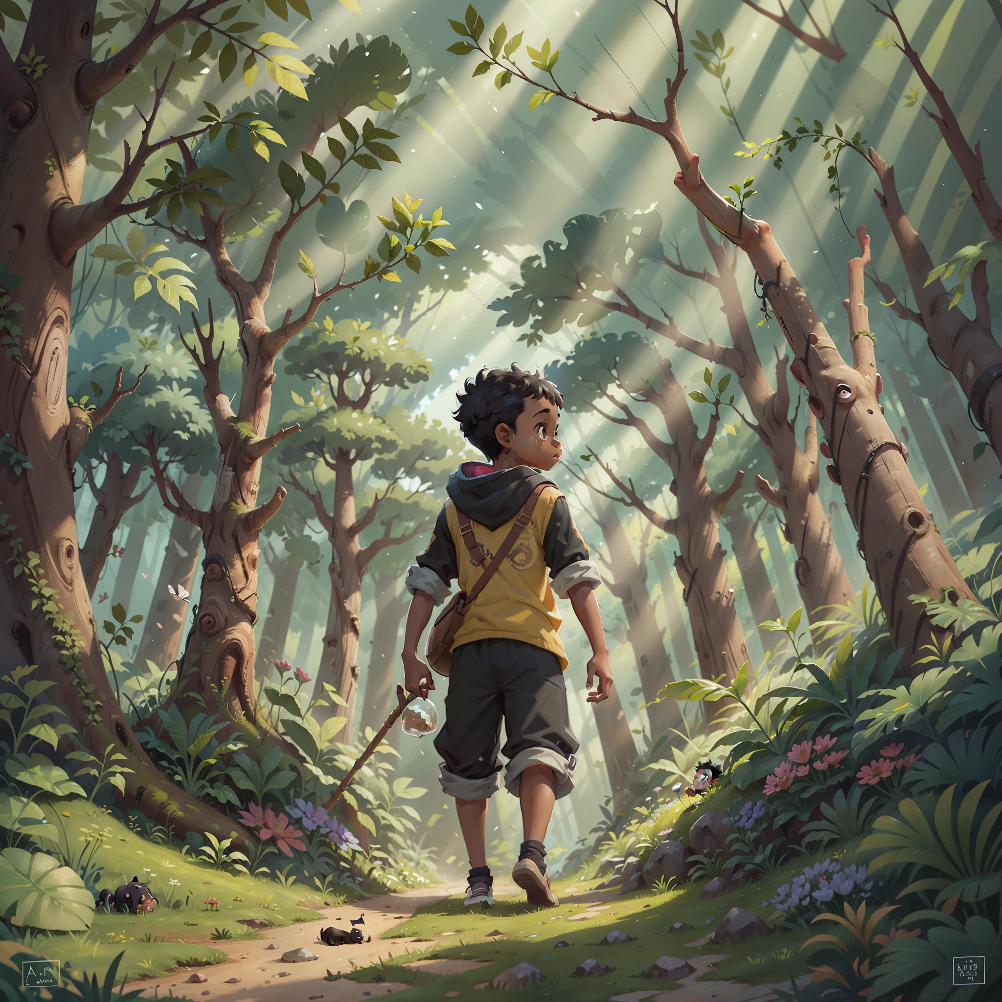 Draw the black boy, Peter, exploring the enchanted forest.