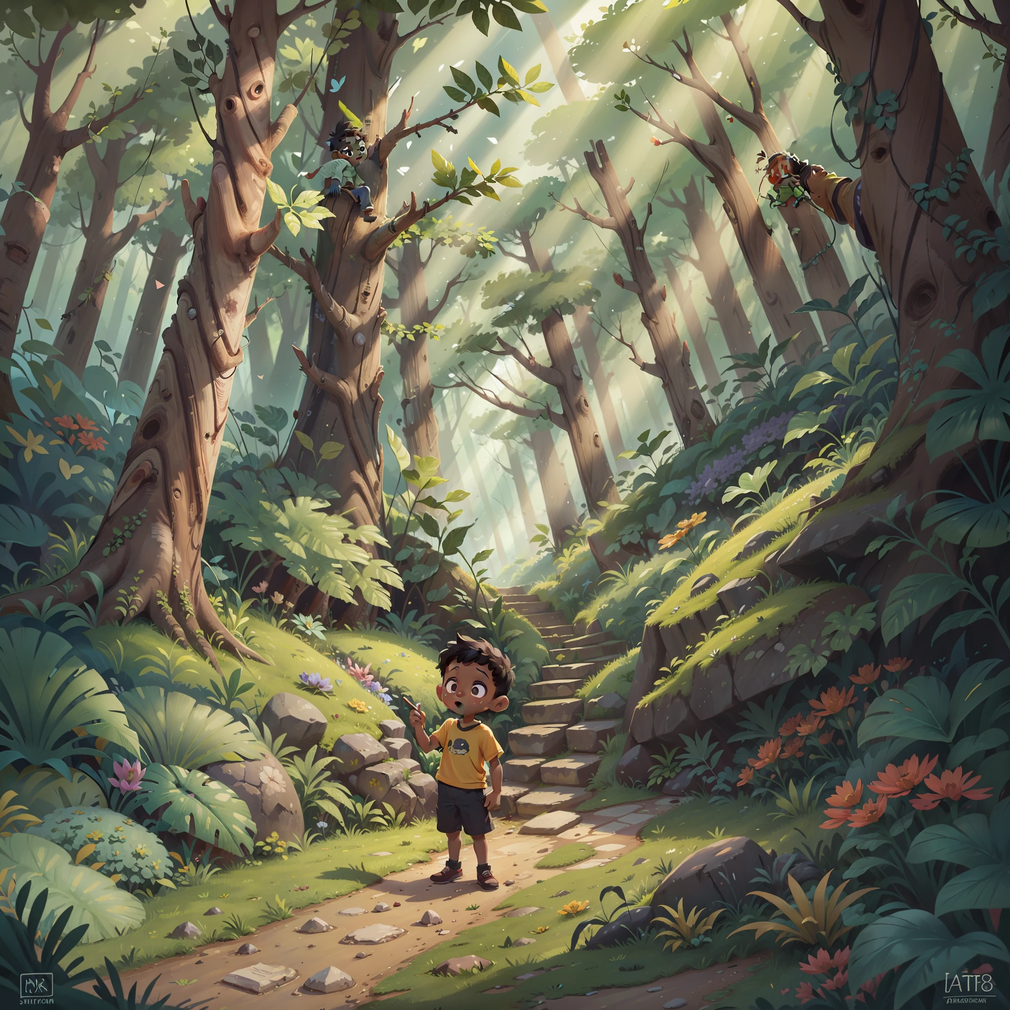 Draw the black boy, Peter, exploring the enchanted forest.